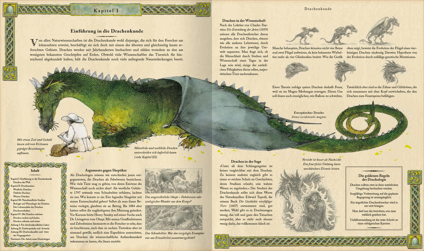 Gezeigt wird eine Innen- oder Zusatzansicht von „Expedition in die geheime Welt der Drachen“. Die Doppelseite präsentiert eine lebendige Illustration eines grünen Drachen, der sich sanft um einen weißen Zauberer schlingt. Der Hintergrund ist in sanften Erdtönen gehalten, während der Text in einer klaren, gut lesbaren Schriftform präsentiert wird. Umrandungen und Verzierungen in Gold und Grün rahmen die Inhalte ein. Grafiken verschiedener Drachenarten ergänzen die Informationen, die...