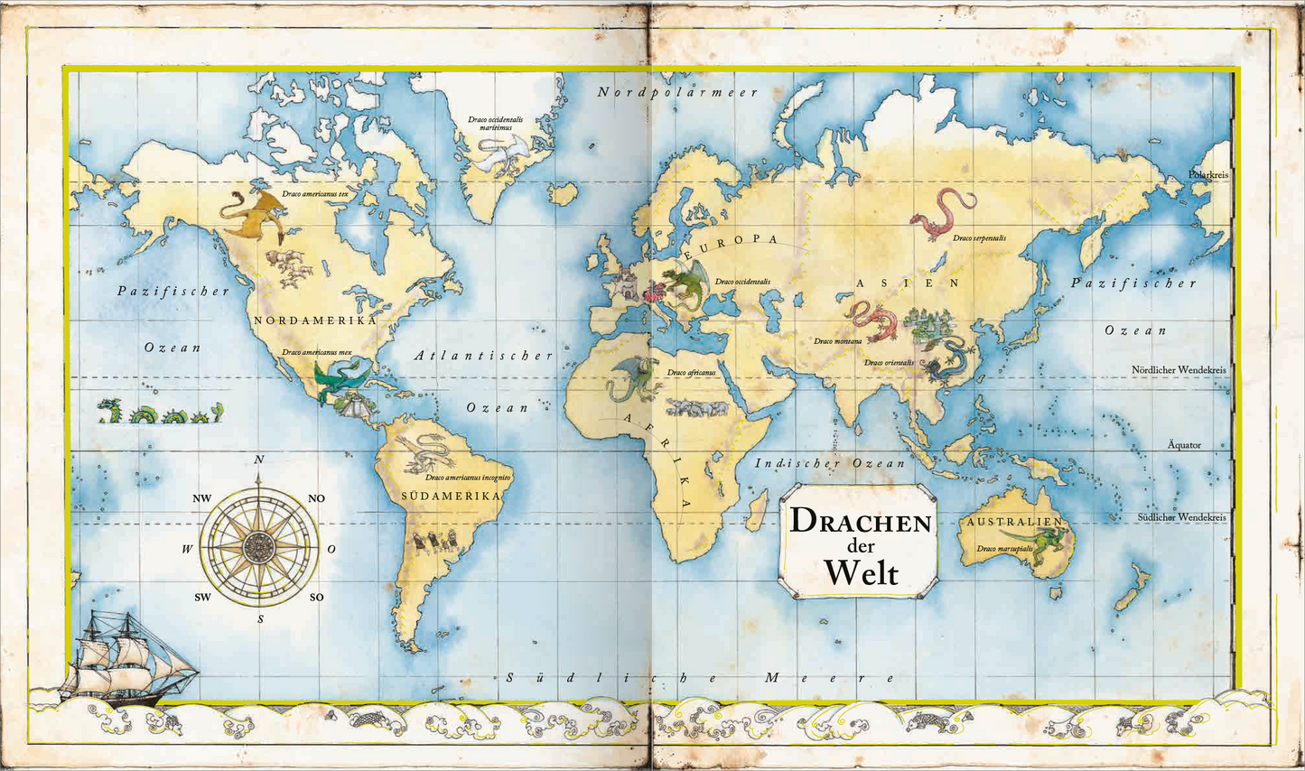 Gezeigt wird eine Innen- oder Zusatzansicht von „Expedition in die geheime Welt der Drachen“. Die farbenfrohe Weltkarte zeigt die Verbreitung von Drachen in verschiedenen Regionen. Die Karte ist in sanften Gelbtönen gehalten, während Drachen und geografische Merkmale in lebhaften Farben erscheinen. Eine stilisierte Kompassrose befindet sich im linken Bereich, und der Titel „Drachen der Welt“ steht prominent in einem weißen, von einem Rahmen umgebenen Feld. Die Typografie ist...