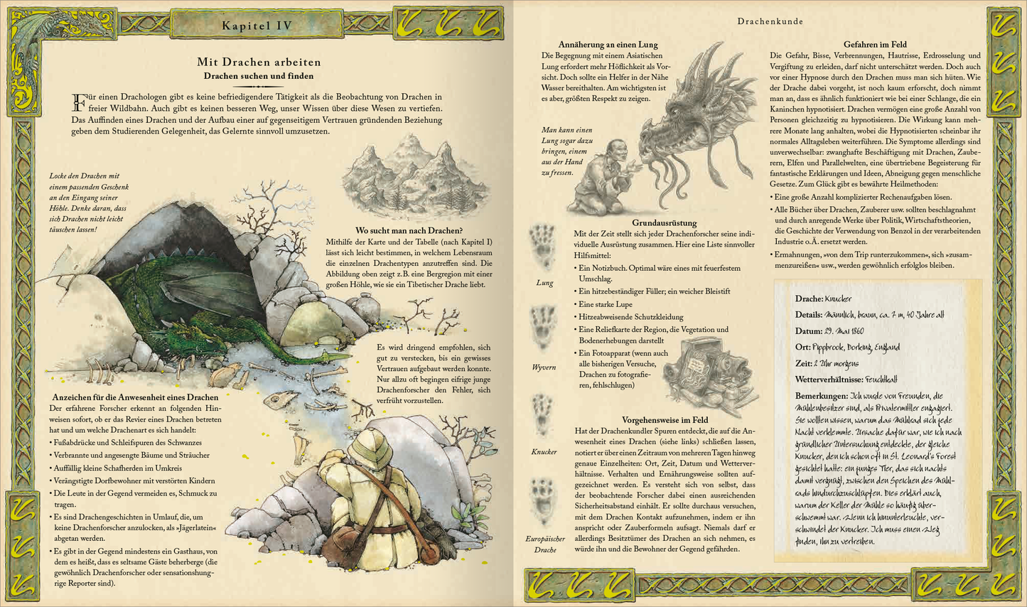 Gezeigt wird eine Innenansicht von „Expedition in die geheime Welt der Drachen“. Die Doppelseite ist farbenfroh gestaltet mit einem ansprechenden, naturverbundenen Design. Links ist eine detaillierte Illustration eines Drachen in einer Höhle zu sehen, während rechts textliche Informationen und Erklärungen angeordnet sind. Die Typografie ist klar und gut lesbar, mit variierenden Schriftgrößen für Überschriften und Fließtext, die den Inhalt übersichtlich gliedern. Ornamente und...