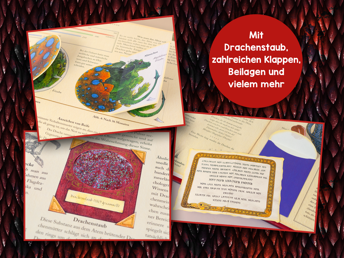Gezeigt wird eine Innen- oder Zusatzansicht von „Expedition in die geheime Welt der Drachen“. Die Seiten sind in warmen Erdtönen gehalten und zeigen lebendige Illustrationen von Drachen mit vielfältigen Details. Neben Texten finden sich zahlreiche Klappen, die zusätzliche Informationen verbergen. Eine besondere Seite zeigt „Drachenstaub“ in einer gemusterten Umrahmung, ergänzt durch eine elegante Typografie, die die fantastischen Elemente des Buches betont.