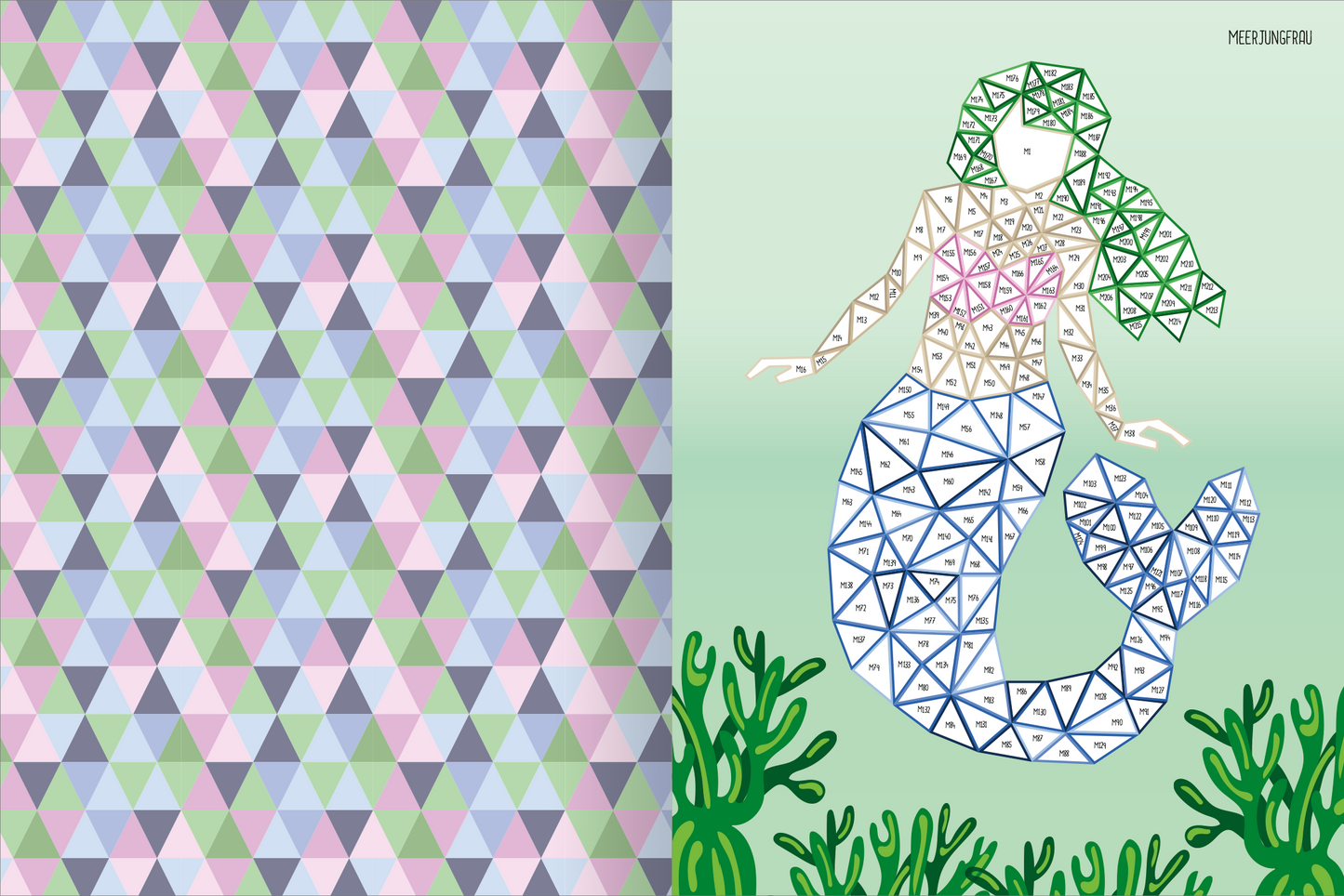 Gezeigt wird eine Innen- oder Zusatzansicht von „I love to sparkle – Mosaik-Stickerheft Fabelwesen“. Die linke Seite zeigt ein Muster aus bunten, dreieckigen Flächen in sanften Pastelltönen wie Rosa, Blau, Grün und Lila. Die rechte Seite präsentiert eine stilisierte Meerjungfrau, die aus ebenfalls dreieckigen Mosaikformen in Blau, Weiß und zarten Farbnuancen besteht. Der Hintergrund ist hellgrün, unterstrichen von grünem Algenmotiv. Die Typografie ist modern und schwebend, ergänzt...