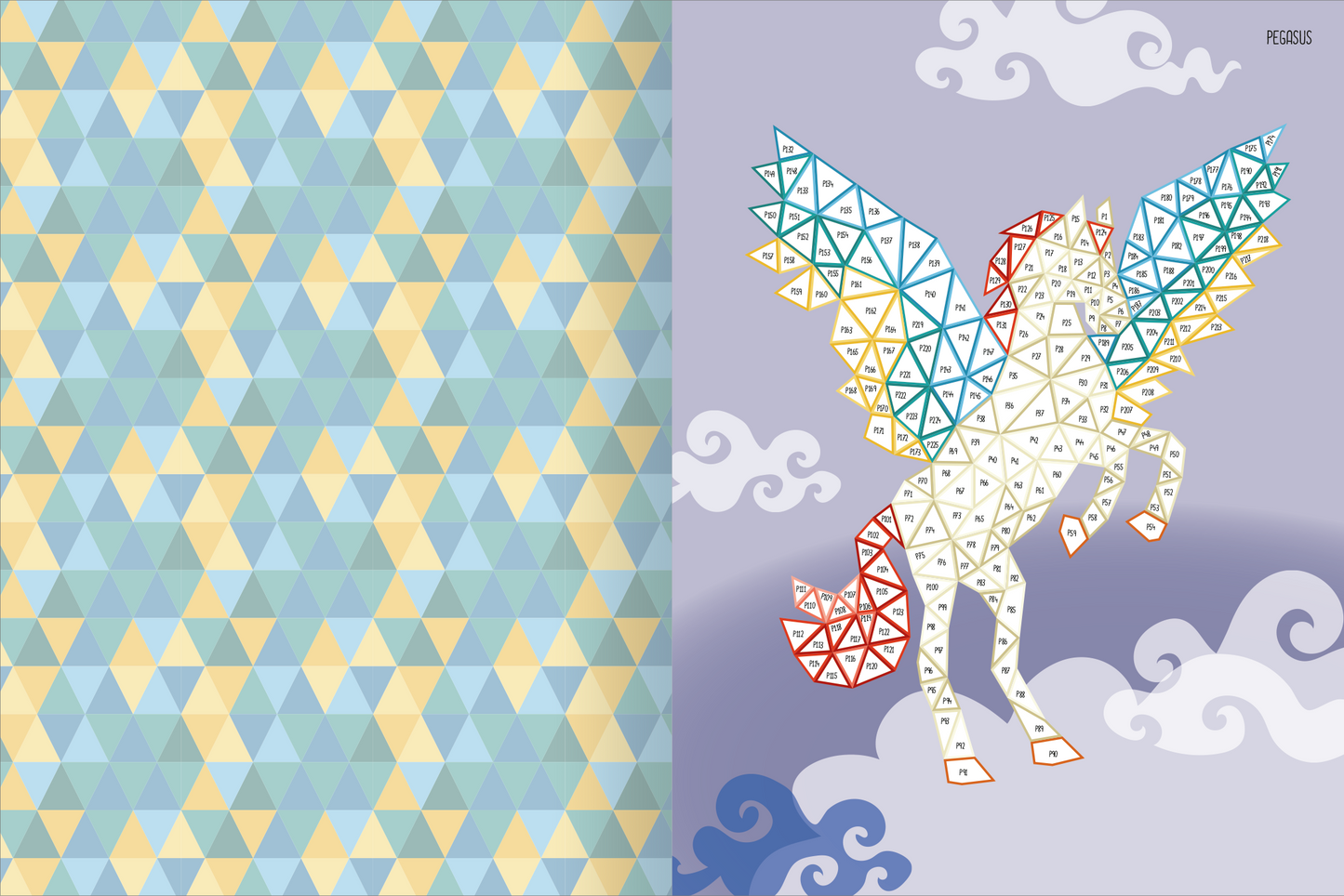 Gezeigt wird eine Innen- oder Zusatzansicht von „I love to sparkle – Mosaik-Stickerheft Fabelwesen“. Auf der linken Seite sieht man ein Mustermotiv aus blauen und gelben, geometrischen Dreiecken. Die rechte Seite zeigt ein farbenfrohes Fabelwesen, einen geflügelten Pferde-artigen kreaturen, das aus vielen kleinen, bunten Dreiecken zusammengesetzt ist. Der Hintergrund ist lila mit weißen Wolken, die dem Bild eine märchenhafte Atmosphäre verleihen. Die Typografie ist klar und verspielt,...