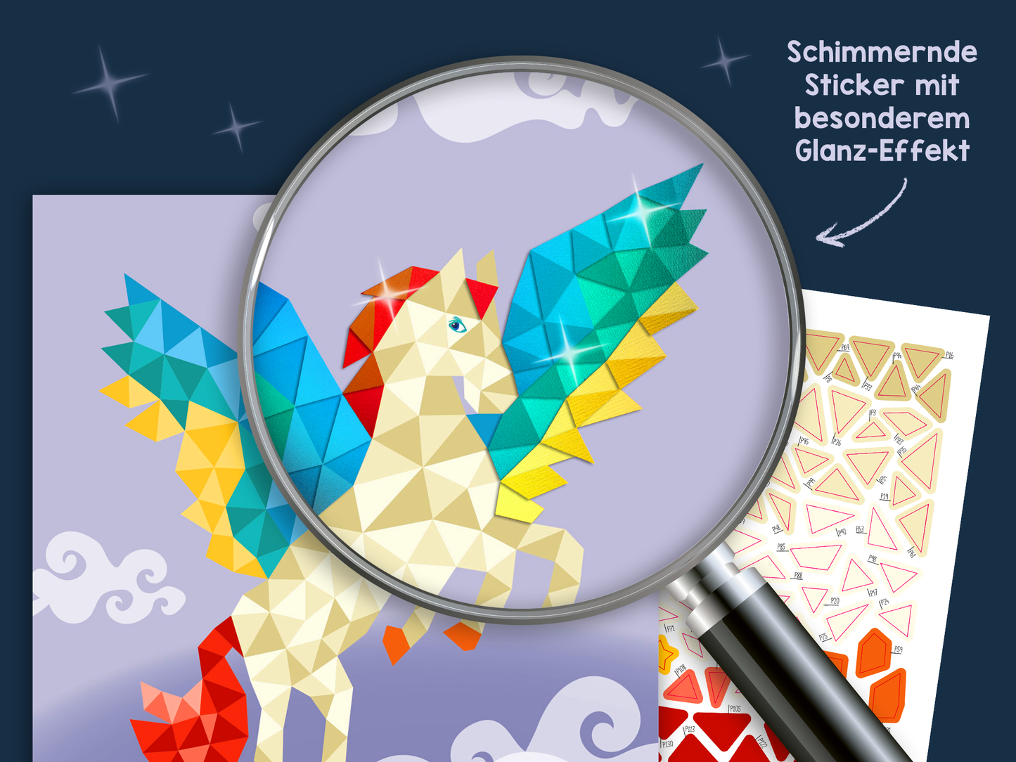 Gezeigt wird eine Innen- oder Zusatzansicht von „I Love to Sparkle – Mosaik-Stickerheft Fabelwesen“. Die Darstellung zeigt ein schimmerndes Fabelwesen, ein sehr farbenfrohes Einhorn mit geometrischen Formen in Blau, Gelb, Rot und Weiß. Hinter dem Einhorn ist ein sanfter, lila Hintergrund mit Wolkenmotiven. Auf der rechten Seite sind die Mosaik-Sticker mit unterschiedlichen Formen und glänzenden Effekten abgebildet. Die Schrift ist verspielt und in einer modernen, klaren Typografie...