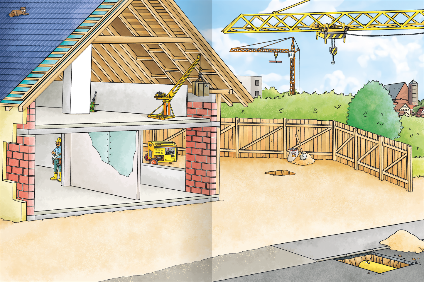 Gezeigt wird eine Innen- oder Zusatzansicht von „Mein Stickerheft Baustelle“. Die Illustration zeigt einen Bauplatz mit einem teilweise errichteten Haus, bei dem die Wände aus rotem Mauerwerk bestehen. Im Inneren sind Bauarbeiter zu sehen, die an der Wand arbeiten. Eine gelbe Baumaschine steht im Hintergrund. Über dem Baustellenbereich schwenkt ein Kranausleger, während eine Holzumzäunung den Bauplatz umgibt. Der Himmel ist blau und locker bewölkt, was eine helle, freundliche...