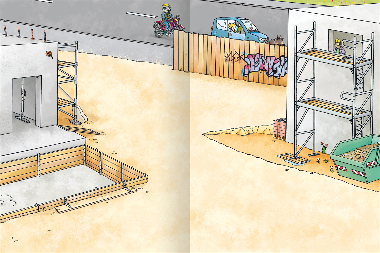 Gezeigt wird eine Innen- oder Zusatzansicht von „Mein Stickerheft Baustelle“. Die Illustration zeigt eine Baustelle mit verschiedenen Elementen: ein unvollendetes Gebäude mit einem Gerüst und einer offenen Wand auf der linken Seite sowie einem Bauwagen und einer Baustellenmauer auf der rechten Seite. Die Farben sind hell und freundlich, dominant sind Gelb- und Beigetöne, ergänzt durch warme Akzente in Blau und Rosa. Die Typografie ist kindgerecht und gut lesbar, ideal für junge Leser.