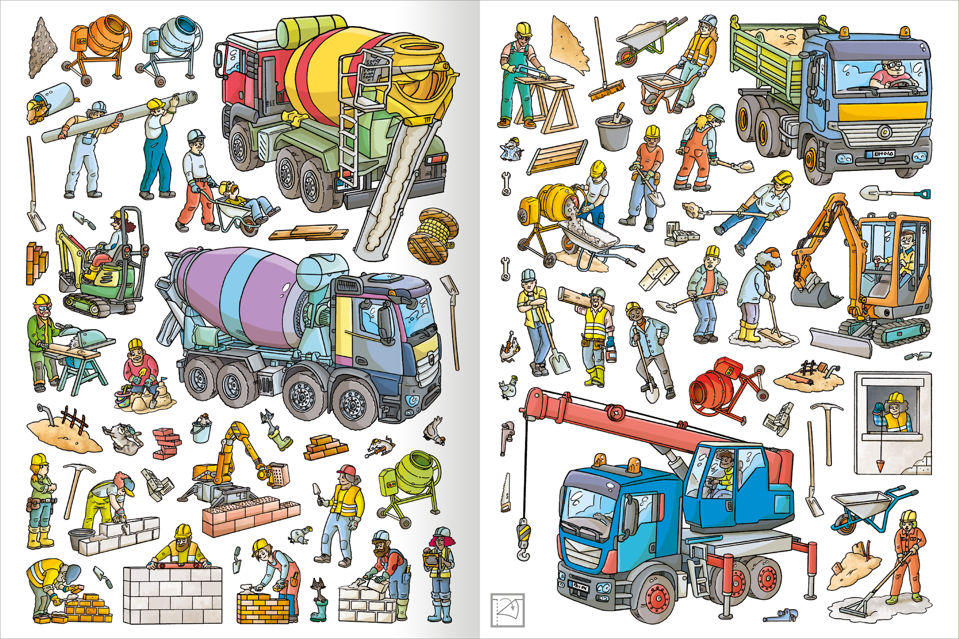 Gezeigt wird eine Innen- oder Zusatzansicht von „Mein Stickerheft Baustelle“. Die Illustration zeigt eine farbenfrohe Baustellenszene mit verschiedenen Baufahrzeugen, wie einem Betonmischer und einem Kran. Zahlreiche Bauarbeiter in leuchtenden Sicherheitswesten sind aktiv. Werkzeuge und Baustellenmaterialien sind verteilt, während verschiedene Baustellenaktionen dargestellt sind. Die Typografie ist klar und gut lesbar, mit durchgängiger Nutzung freundlicher Farben, die eine lebendige und...