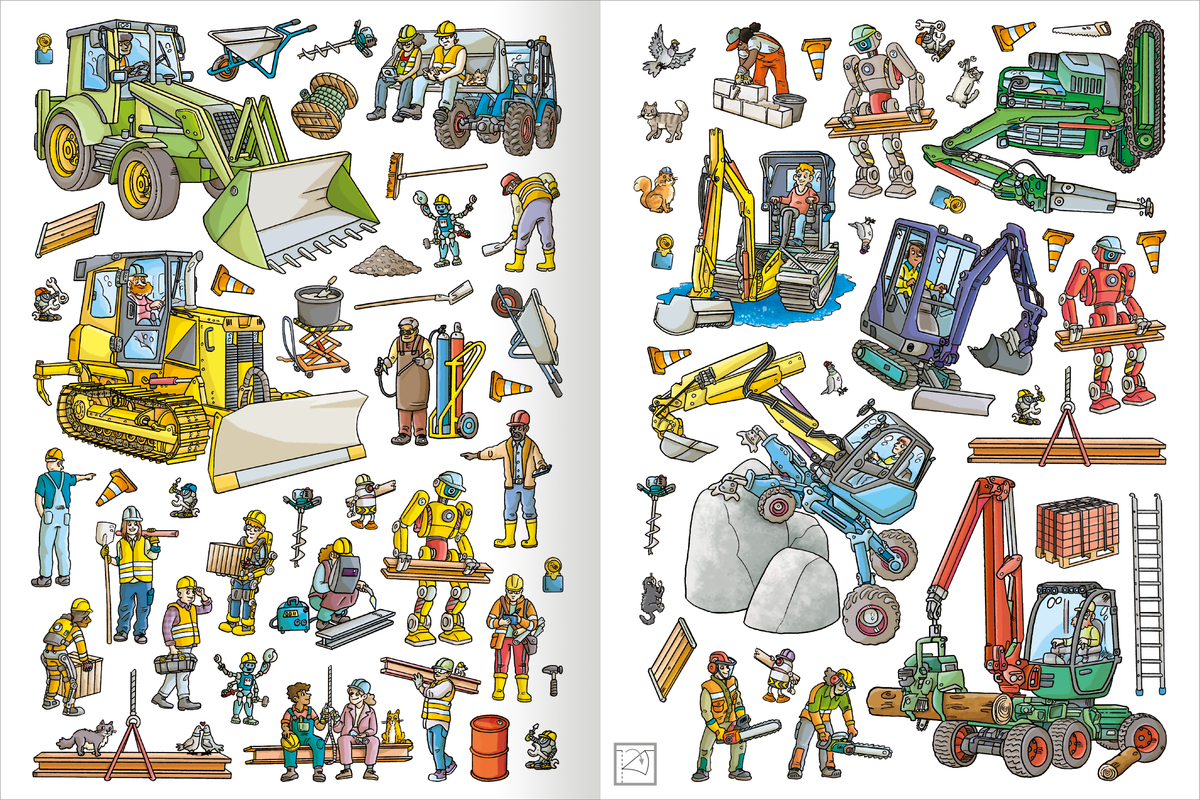 Gezeigt wird eine Innen- oder Zusatzansicht von „Mein Stickerheft Baustelle“. Auf bunten Illustrationen sind verschiedene Baugeräte wie Bagger, Radlader und Kräne dargestellt. Bauarbeiter in Gelb- und Blautönen interagieren miteinander, während sie an unterschiedlichen Baumaterialien arbeiten. Die Szenen sind reich an Details und vermitteln ein geschäftiges Baustellenumfeld. Die klaren, kräftigen Farben und die verspielte Typografie machen die Bilder ansprechend und kindgerecht.