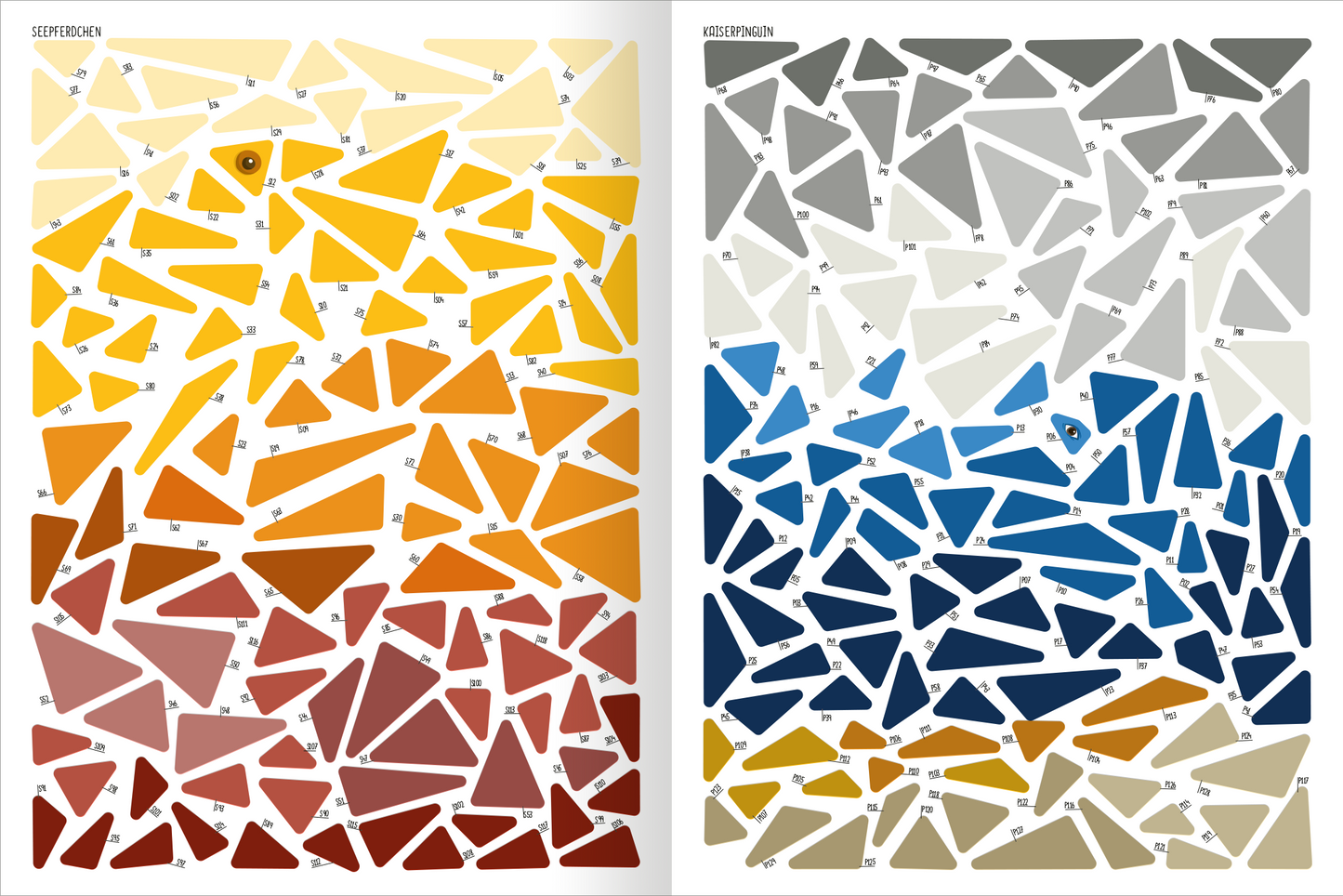 Gezeigt wird eine Innen- oder Zusatzansicht von „I Love to Sparkle – Mosaik-Stickerheft Unterwasserwelt“. Die Abbildung zeigt zwei Seiten mit geometrischen Mosaikelementen in verschiedenen Farben. Links dominieren warme Gelb- und Rottöne, die in abstrahierte, dreieckige Formen unterteilt sind. Rechts sind kühle Blau- und Grautöne angeordnet, ebenfalls in geometrischen Formen. Eine klare nummerierte Struktur erleichtert das Ankleben der Sticker und trägt zur Benutzerfreundlichkeit bei.