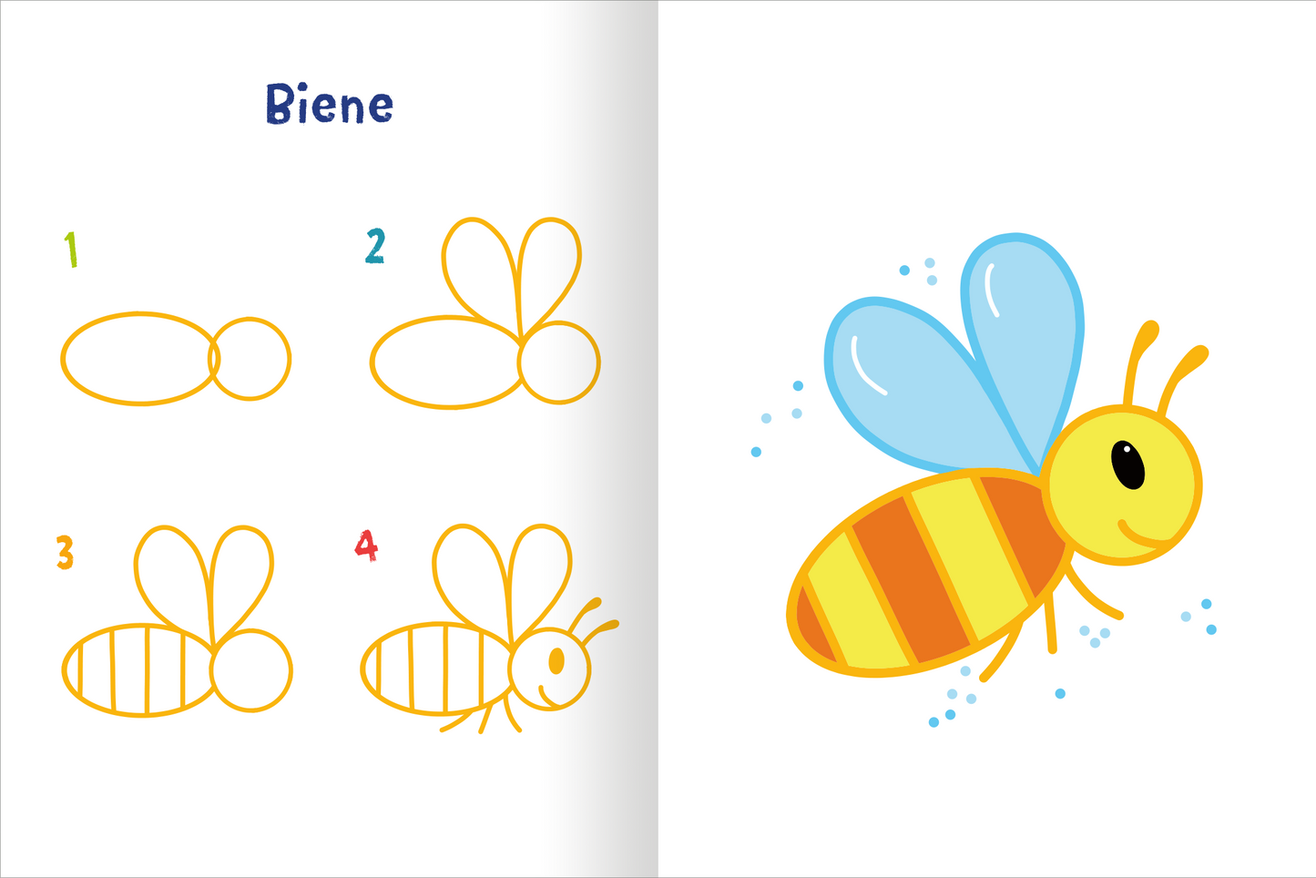 Gezeigt wird eine Innen- oder Zusatzansicht von „Meine bunte Zeichenschule“. Links sind vier Schritte zur Zeichnung einer Biene in verschiedenen gelben Linien dargestellt. Rechts zeigt eine farbenfrohe, cartoonartige Biene mit blauen Flügeln und gelb-orange gestreiftem Körper. Der Titel „Biene“ ist in einer großen, blauen Schrift oben platziert. Die gesamte Darstellung verwendet helle, einladende Farben und eine freundliche, verspielte Typografie.