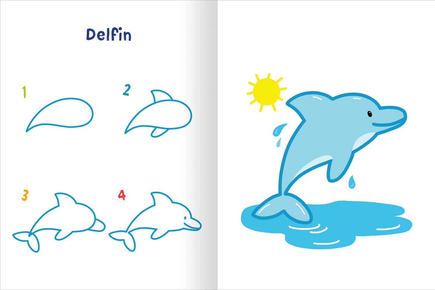 Gezeigt wird eine Innen- oder Zusatzansicht von „Meine bunte Zeichenschule“. Auf der linken Seite sind in hellblauen Linien die Schritte zum Zeichnen eines Delfins dargestellt, nummeriert von 1 bis 4. Die rechte Seite zeigt einen frisch gezeichneten, farbenfrohen Delfin, der aus dem Wasser springt, umgeben von einem strahlenden Sonnenmotiv. Die Überschrift „Delfin“ ist in einer verspielten, blauen Schriftart gehalten, die das kinderfreundliche Design unterstreicht.