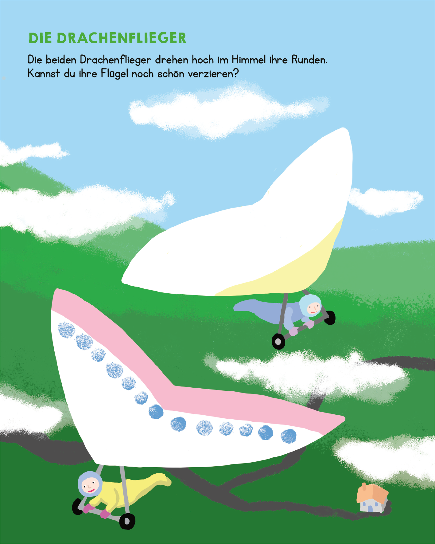 Gezeigt wird eine Innen- oder Zusatzansicht von „Meine allerersten Fingerstempel Fahrzeuge“. Die Illustration zeigt zwei bunte Drachenflieger, die hoch am Himmel fliegen. Die Drachen sind in hellen Farben gehalten, darunter Weiß, Gelb und Rosa, und verfügen über große, stilisierte Flügel. Eine grüne Landschaft und strahlend blaue Himmelshintergrund schaffen eine fröhliche Atmosphäre. Der Text „DIE DRACHENFLIEGER“ ist in klarer, gut leserlicher Schrift oben platziert.