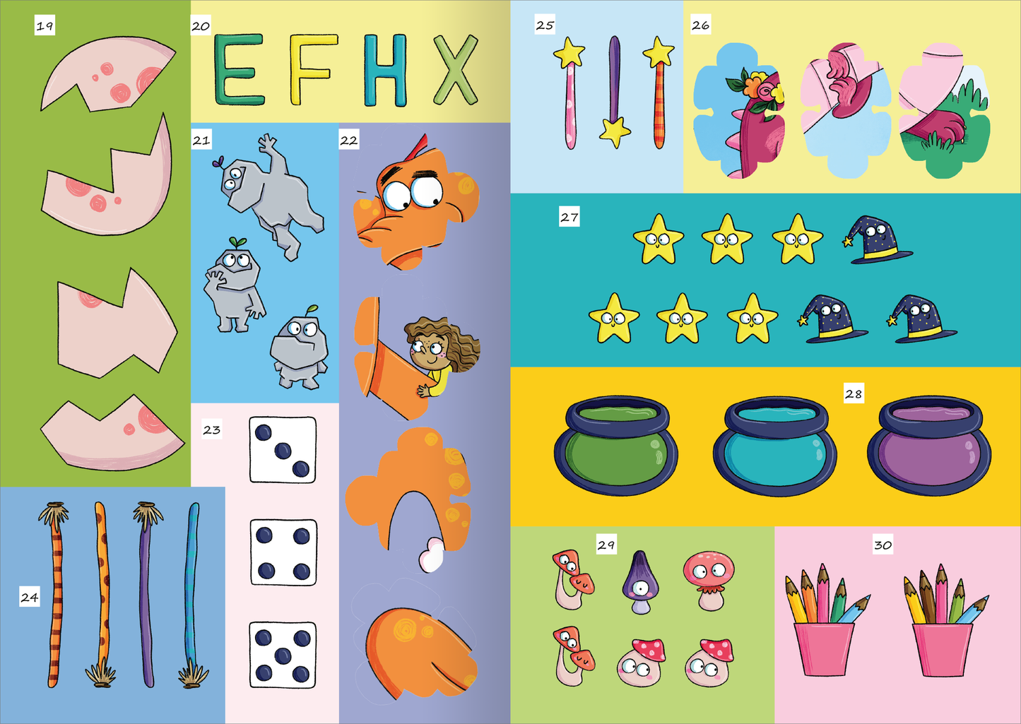 Gezeigt wird eine Innen- oder Zusatzansicht von „Meine fantastischen Sticker-Rätsel für die Ferien“. Die Seite ist farbenfroh gestaltet mit verschiedenen Pastelltönen wie Rosa, Gelb, Grün und Blau. Zu sehen sind mehrere große, illustrierte Sticker-Motive wie eine Muschel, einen Schuh, ein niedliches Wolkenmotiv und Drachen. Die Typografie ist verspielt mit großen Zahlen und Symbolen, die die einzelnen Rätsel hervorheben und ansprechend für Kinder wirken.