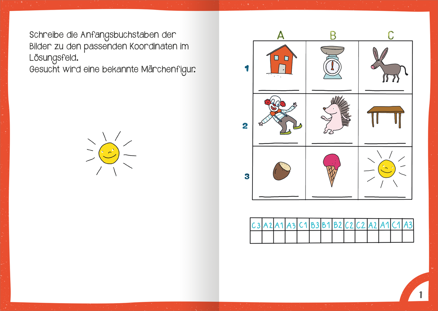Gezeigt wird eine Innenansicht von „Mein dickes Ferien-Rätselbuch“. Die Seite ist links beschrieben mit einem klaren, lustigen Layout in einer freundlichen Schriftart. Auf der rechten Seite sind drei Reihen mit bunten Illustrationen, darunter ein Haus, eine Waage, ein Hase und ein Igel. Unter den Bildern steht eine Aufgabe, um die Anfangsbuchstaben in ein Gitter einzutragen. Der Hintergrund ist in einem sanften Weiß gehalten, während der Rand orangefarben ist, was eine fröhliche...