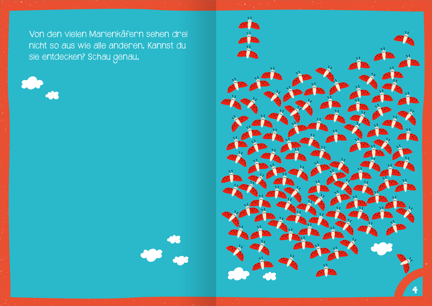 Gezeigt wird eine Innen- oder Zusatzansicht von „Mein dickes Ferien-Rätselbuch“. Die Seite ist in einem hellen Blau gestaltet und zeigt viele rote Marienkäfer, die fast den gesamten Raum einnehmen. Einige weiße Wolken sind dezent im Hintergrund platziert. Auf der linken Seite befindet sich ein auffälliger Text in freundlicher, gut lesbarer Schrift, der die Leser auffordert, Unterschiede zu entdecken. Der Hintergrund ist mit einem schmalen roten Rand umgeben.