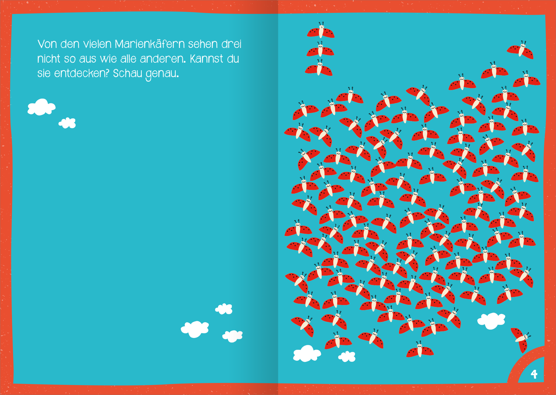 Gezeigt wird eine Innen- oder Zusatzansicht von „Mein dickes Ferien-Rätselbuch“. Die Seite ist in einem hellen Blau gestaltet und zeigt viele rote Marienkäfer, die fast den gesamten Raum einnehmen. Einige weiße Wolken sind dezent im Hintergrund platziert. Auf der linken Seite befindet sich ein auffälliger Text in freundlicher, gut lesbarer Schrift, der die Leser auffordert, Unterschiede zu entdecken. Der Hintergrund ist mit einem schmalen roten Rand umgeben.