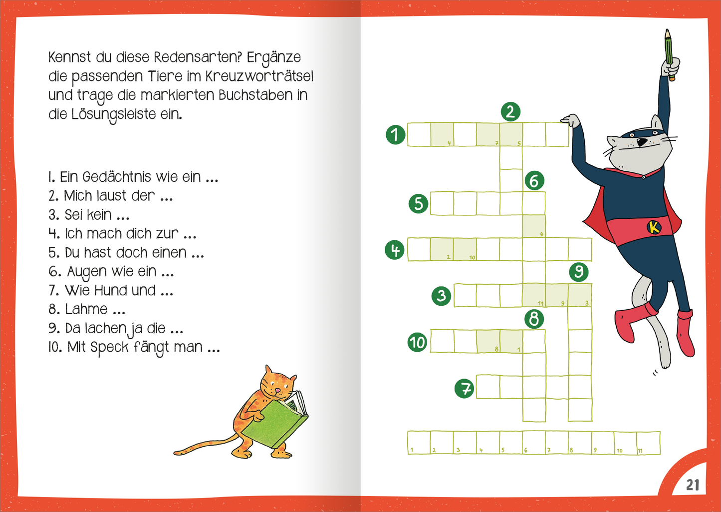 Gezeigt wird eine Innen- oder Zusatzansicht von „Mein dickes Ferien-Rätselbuch“. Auf der linken Seite steht ein Text mit Anweisungen in schwarzer Schrift auf hellem Hintergrund. Rechts ist ein grünes Kreuzworträtsel mit nummerierten Kästchen zu sehen, das auf einem weißen Untergrund platziert ist. Ein comicartiger Kater in rotem Umhang hält einen Stift. Die Gestaltung ist bunt und ansprechend, mit lebhaften Farben und verspielter Typografie, die die Lesefreude fördert.