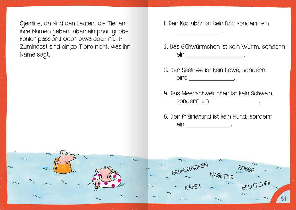 Gezeigt wird eine Innen- oder Zusatzansicht von „Mein dickes Ferien-Rätselbuch“. Die Doppelseite zeigt einen witzig illustrierten Wasser-Hintergrund in sanften Blau- und Türkistönen. Links befindet sich ein lustiger Text über Tiernamen, ergänzt durch eine Hand, die einen Bierkrug hält, sowie ein Schwimmring. Rechts sind fünf kurze Rätsel in klarer, schwarzer Typografie auf einem weißen Hintergrund, die die kindliche Entdeckung und das Lernen anregen. Bunte Begriffe wie...