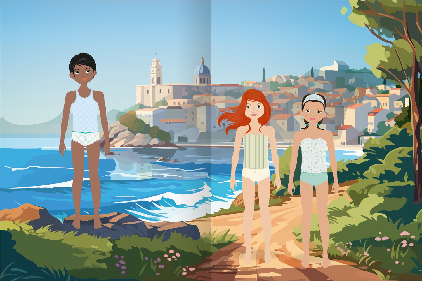 Gezeigt wird eine Innen- oder Zusatzansicht von „Sticker-Anziehpuppen Metallic – Im Urlaub“. Die Illustration zeigt drei stilisierte Figuren am Strand, umgeben von einer lebhaften Küstenlandschaft mit sanften Wellen und einer malerischen Küstenstadt im Hintergrund. Die Figuren tragen Bademode. Die Farbpalette umfasst kühle Blautöne sowie lebendige Rottöne und sanfte Pastelltöne.