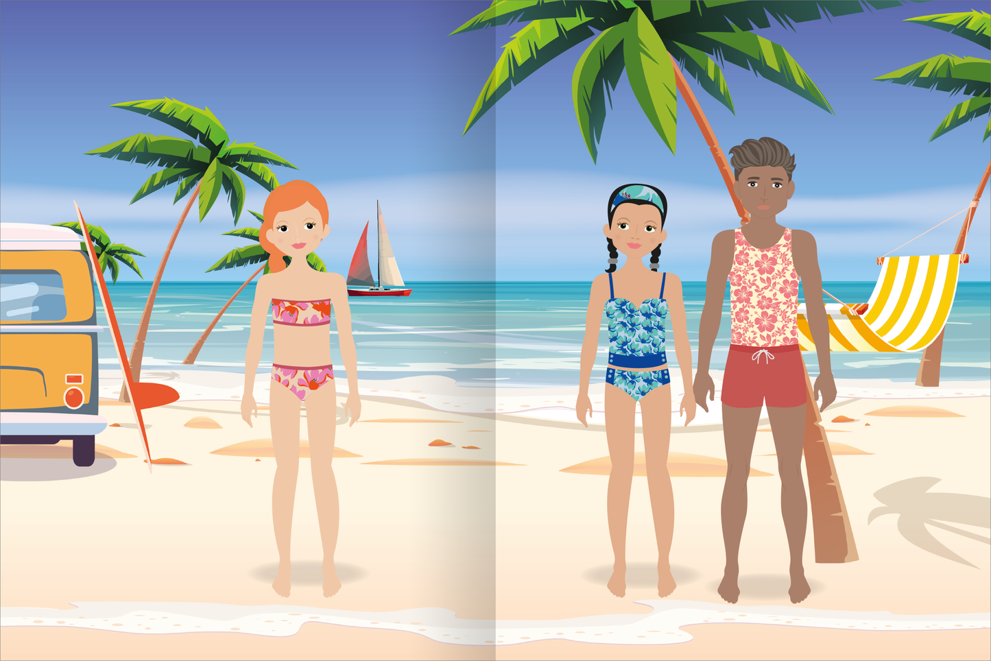 Gezeigt wird eine Innen- oder Zusatzansicht von „Sticker-Anziehpuppen Metallic – Im Urlaub“. Die Illustration zeigt drei Anziehpuppen am Strand, umgeben von Palmen. Die Puppen tragen bunte Badebekleidung in Rosa und Blau. Im Hintergrund sind ein Segelboot und eine Hängematte sichtbar. Der Himmel ist klar und blau, was eine sommerliche Urlaubsstimmung vermittelt. Hinter den Anziepuppen steht ein Van, an dem ein Surfboard gelehnt ist.