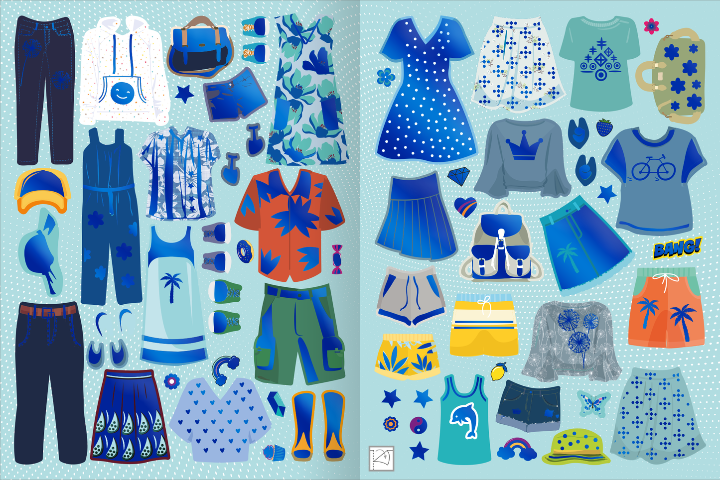 Gezeigt wird eine Innen- oder Zusatzansicht von „Sticker-Anziehpuppen Metallic – Im Urlaub“. Die bunte Darstellung zeigt verschiedene modische Kleidungsstücke und Accessoires in Blau- und Grüntönen, ergänzt durch tropische Motive wie Palmen und Blüten. Zu sehen sind T-Shirts, Shorts, Kleider sowie Hüte und Taschen auf einem hellblauen gepunkteten Hinterrund.