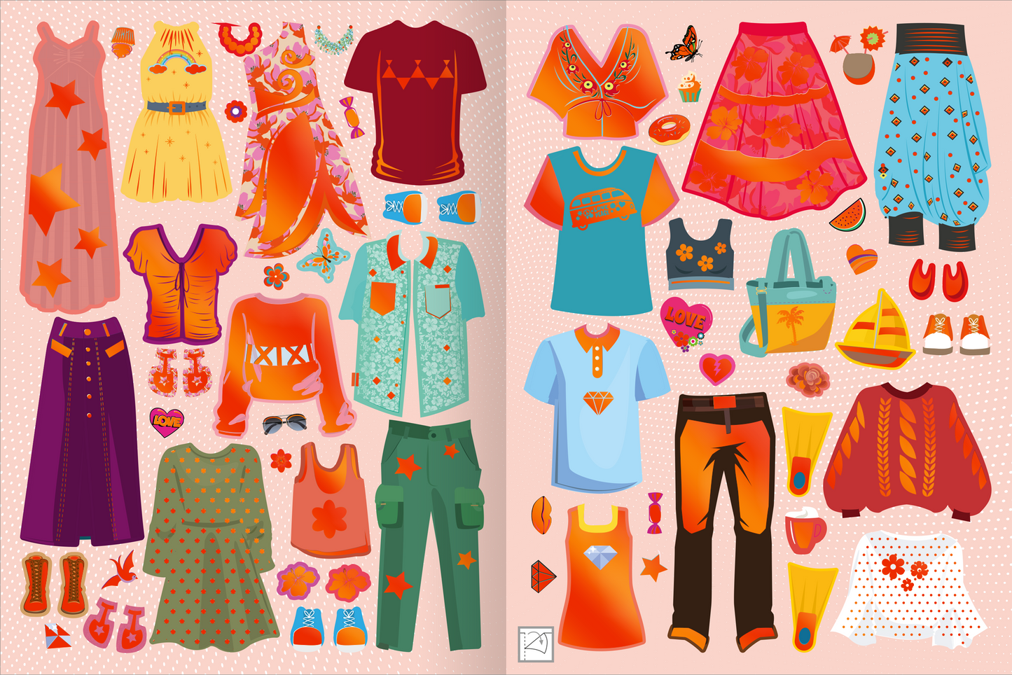 Gezeigt wird eine Innen- oder Zusatzansicht von „Sticker-Anziehpuppen Metallic – Im Urlaub“. Die Seite bietet eine Vielzahl an farbenfrohen Outfits und Accessoires, die in leuchtenden Orange- und Rottönen gehalten sind. Zu sehen sind verschiedene Kleidungsstücke wie Kleider, Tops, Hosen und Röcke, ergänzt durch Schuhe und Taschen. Die Illustrationen sind verspielt und kindgerecht gestaltet, um eine fröhliche Urlaubsstimmung zu vermitteln.