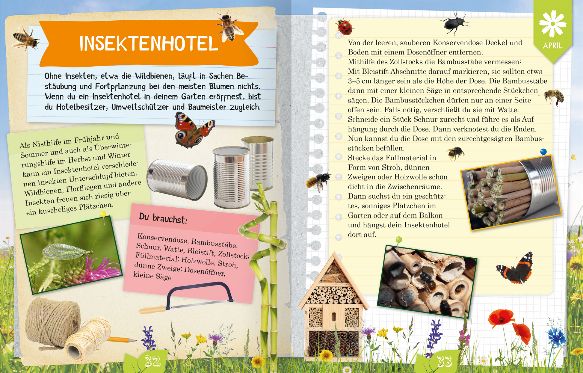 Gezeigt wird eine Innen- oder Zusatzansicht von „Naturforscher-Kids – Durch das Jahr“. Die Doppelseite präsentiert das Thema „Insektenhotel“ mit lebendigen Illustrationen von Insekten, einem kleinen Holzhäuschen und verschiedenen Materialien, die zum Bau benötigt werden. Die Farbpalette enthält frische Grüntöne und bunte Blumenmuster, während die Schrift in einer klaren, kindgerechten Typografie gestaltet ist. Ansprechende Details und eine spielerische Anordnung machen die...