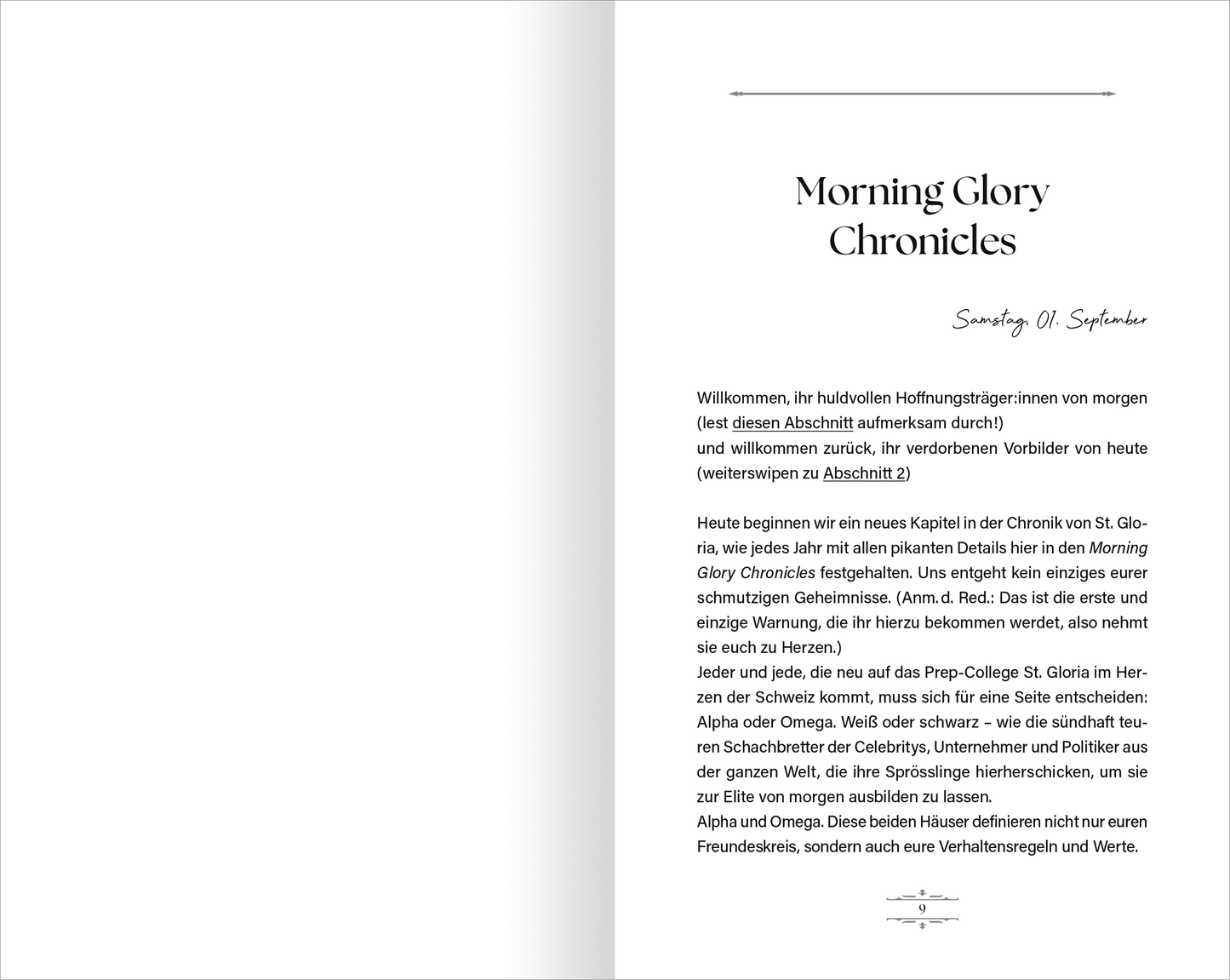 Gezeigt wird eine Innen- oder Zusatzansicht von „Game of Hearts – No Rules“. Die Seite präsentiert einen klaren, eleganten Schriftzug „Morning Glory Chronicles“ in großer Serifenschrift, gefolgt von einem einladenden Text in gut lesbarer Sans-Serif-Schrift. Die Farbpalette ist zurückhaltend, mit viel Weißraum, der die Lesbarkeit fördert. Dezente Linien trennen die Absätze, während die Struktur der Seite ein Gefühl von Ordnung und Klarheit vermittelt.