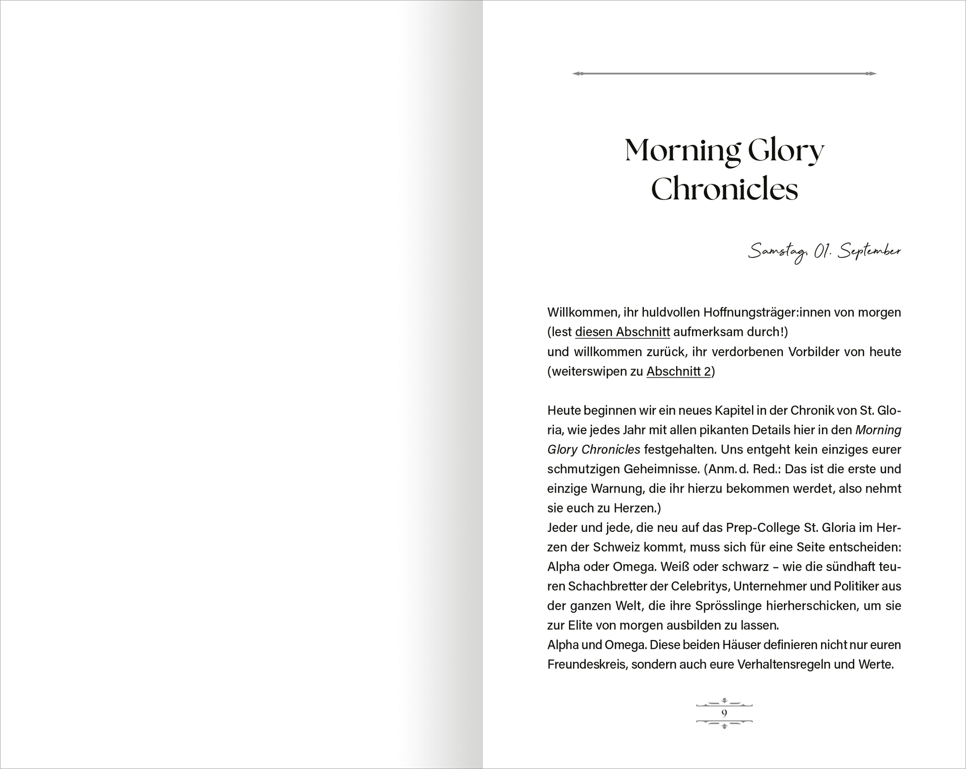 Gezeigt wird eine Innen- oder Zusatzansicht von „Game of Hearts – No Rules“. Die Seite präsentiert einen klaren, eleganten Schriftzug „Morning Glory Chronicles“ in großer Serifenschrift, gefolgt von einem einladenden Text in gut lesbarer Sans-Serif-Schrift. Die Farbpalette ist zurückhaltend, mit viel Weißraum, der die Lesbarkeit fördert. Dezente Linien trennen die Absätze, während die Struktur der Seite ein Gefühl von Ordnung und Klarheit vermittelt.