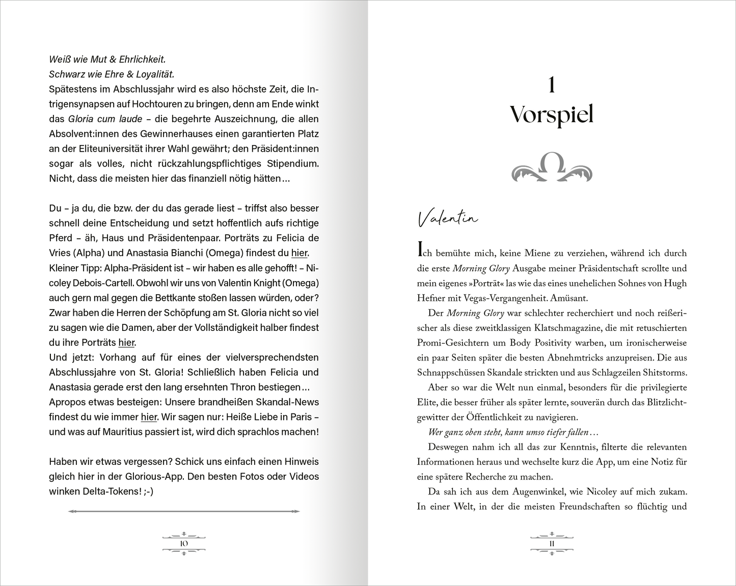 Gezeigt wird eine Innen- oder Zusatzansicht von „Game of Hearts – No Rules“. Die Seite präsentiert den Kapitelanfang mit der Überschrift „1 Vorspiel“ in einer großen, eleganten Serifenschrift. Die Farbpalette ist in sanften Grautönen gehalten, ergänzt durch eine weiße Hintergrundfarbe. Darüber hinaus finden sich dekorative Elemente, die den Text umrahmen. Die Typografie ist klar und gut lesbar, was zur Benutzerfreundlichkeit beiträgt.