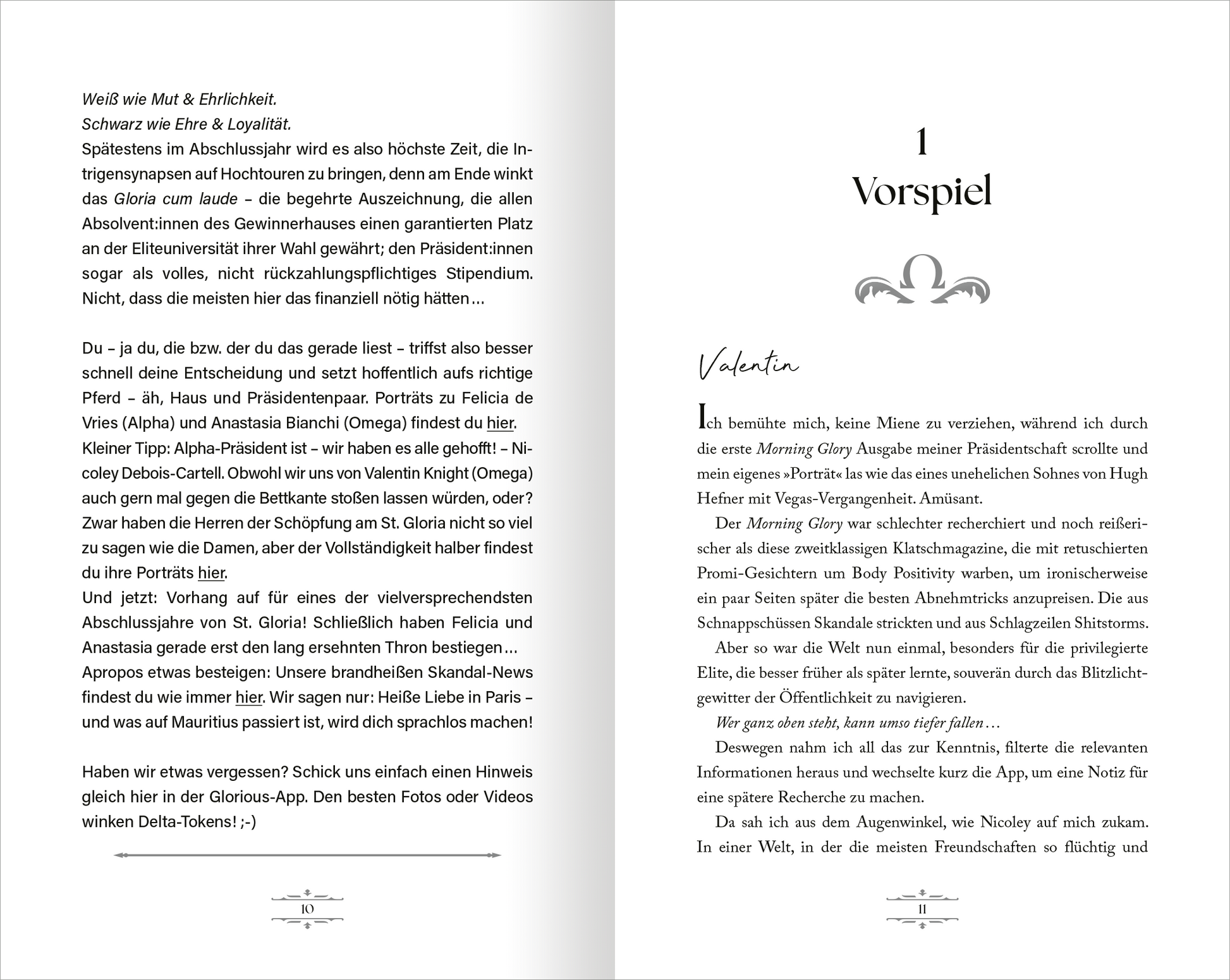 Gezeigt wird eine Innen- oder Zusatzansicht von „Game of Hearts – No Rules“. Die Seite präsentiert den Kapitelanfang mit der Überschrift „1 Vorspiel“ in einer großen, eleganten Serifenschrift. Die Farbpalette ist in sanften Grautönen gehalten, ergänzt durch eine weiße Hintergrundfarbe. Darüber hinaus finden sich dekorative Elemente, die den Text umrahmen. Die Typografie ist klar und gut lesbar, was zur Benutzerfreundlichkeit beiträgt.