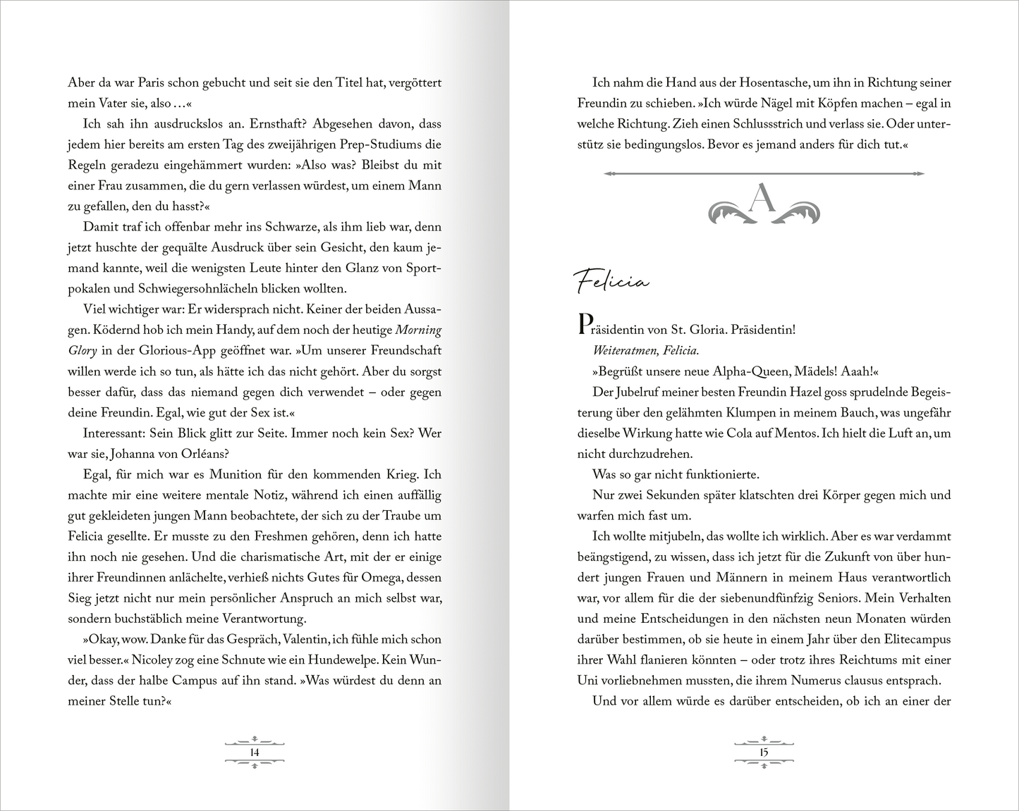 Gezeigt wird eine Innen- oder Zusatzansicht von „Game of Hearts – No Rules“. Die Seiten präsentieren einen klaren, strukturierten Layoutstil mit viel weißem Raum. Der Text ist in einer eleganten Serifenschrift gesetzt, die gut lesbar ist, und enthält verschiedene Absatzformatierungen, die dem Leser helfen, durch die Handlung zu navigieren. Schlichte Grafiken in Verbindung mit leicht verspielten Elementen verleihen dem Design eine moderne und ansprechende Ästhetik.