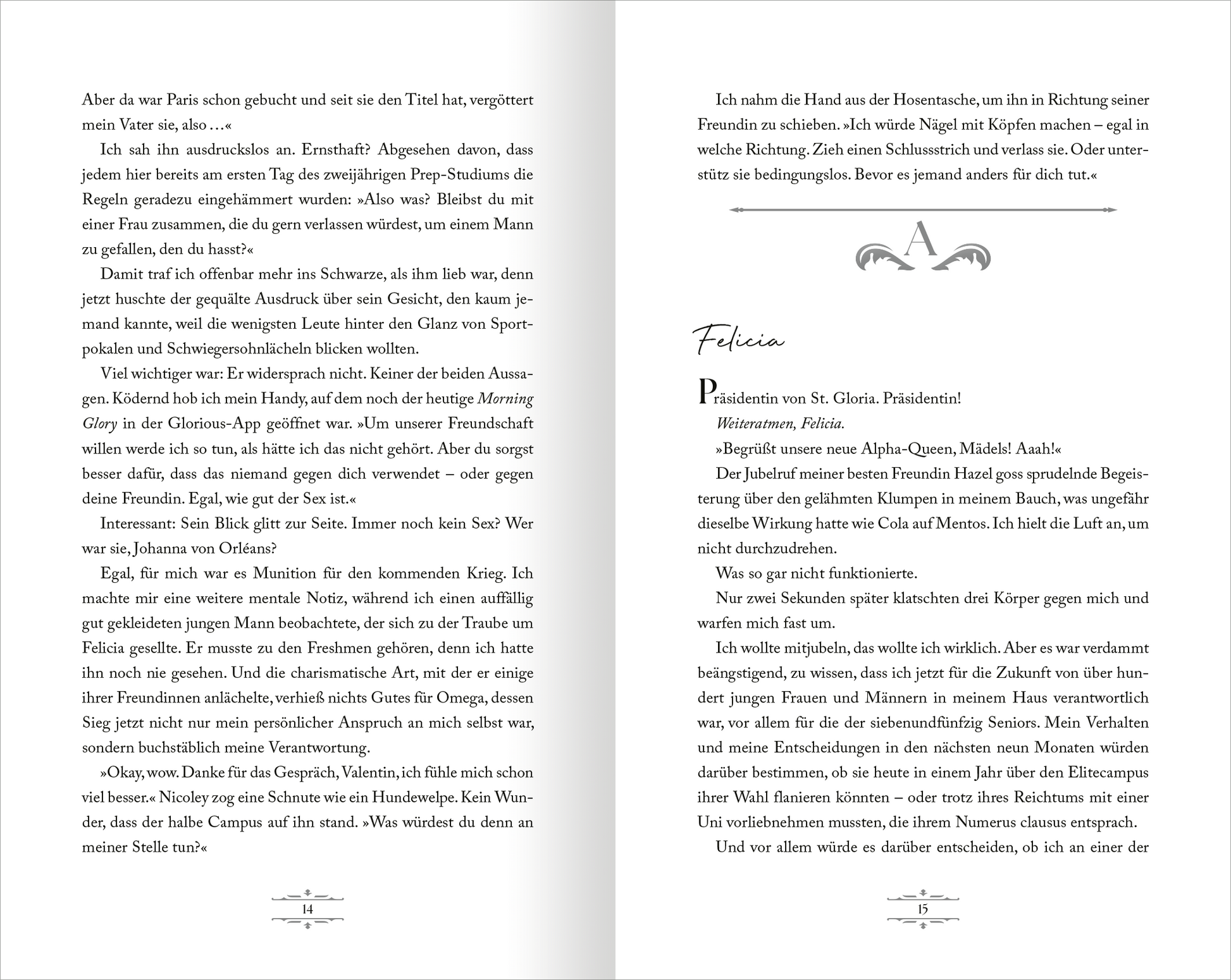 Gezeigt wird eine Innen- oder Zusatzansicht von „Game of Hearts – No Rules“. Die Seiten präsentieren einen klaren, strukturierten Layoutstil mit viel weißem Raum. Der Text ist in einer eleganten Serifenschrift gesetzt, die gut lesbar ist, und enthält verschiedene Absatzformatierungen, die dem Leser helfen, durch die Handlung zu navigieren. Schlichte Grafiken in Verbindung mit leicht verspielten Elementen verleihen dem Design eine moderne und ansprechende Ästhetik.