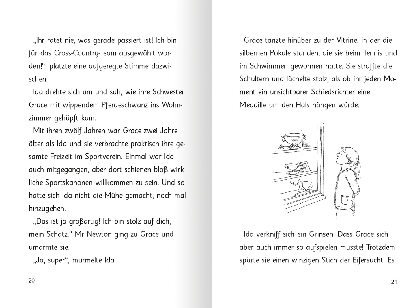 Gezeigt wird eine Innen- oder Zusatzansicht von „Zauberkätzchen – Magische Schulabenteuer“. Die Seiten zeigen eine Mischung aus Text und Illustrationen. Der Text ist in einer klaren, gut lesbaren Schriftart gehalten, mit freundlichen, einladenden Farben wie Hellblau und Sanftrosa. Illustrationen ergänzen die Geschichte, darunter eine skizzierte Figur, die in einem Raum steht. Der Stil ist verspielt und ansprechend, was die magische Atmosphäre des Buches unterstreicht.