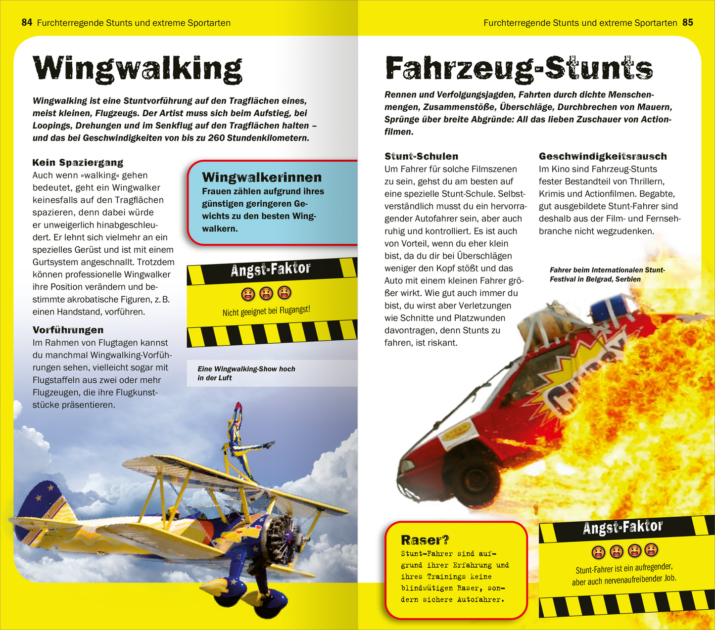 Gezeigt wird eine Innen- oder Zusatzansicht von „Die 100 furchterregendsten Dinge der Welt“. Die Seiten sind farbenfroh gestaltet, wobei Gelb und Schwarz dominieren. Links wird das Thema „Wingwalking“ behandelt, mit historischem Kontext in einer klaren, modernen Typografie. Rechts folgt das Thema „Fahrzeug-Stunts“, ebenfalls in leserlicher Schrift. Grafische Elemente wie Symbole und Kästen strukturieren die Inhalte, während Bilder von Stunts die Ästhetik der Seite unterstützen.