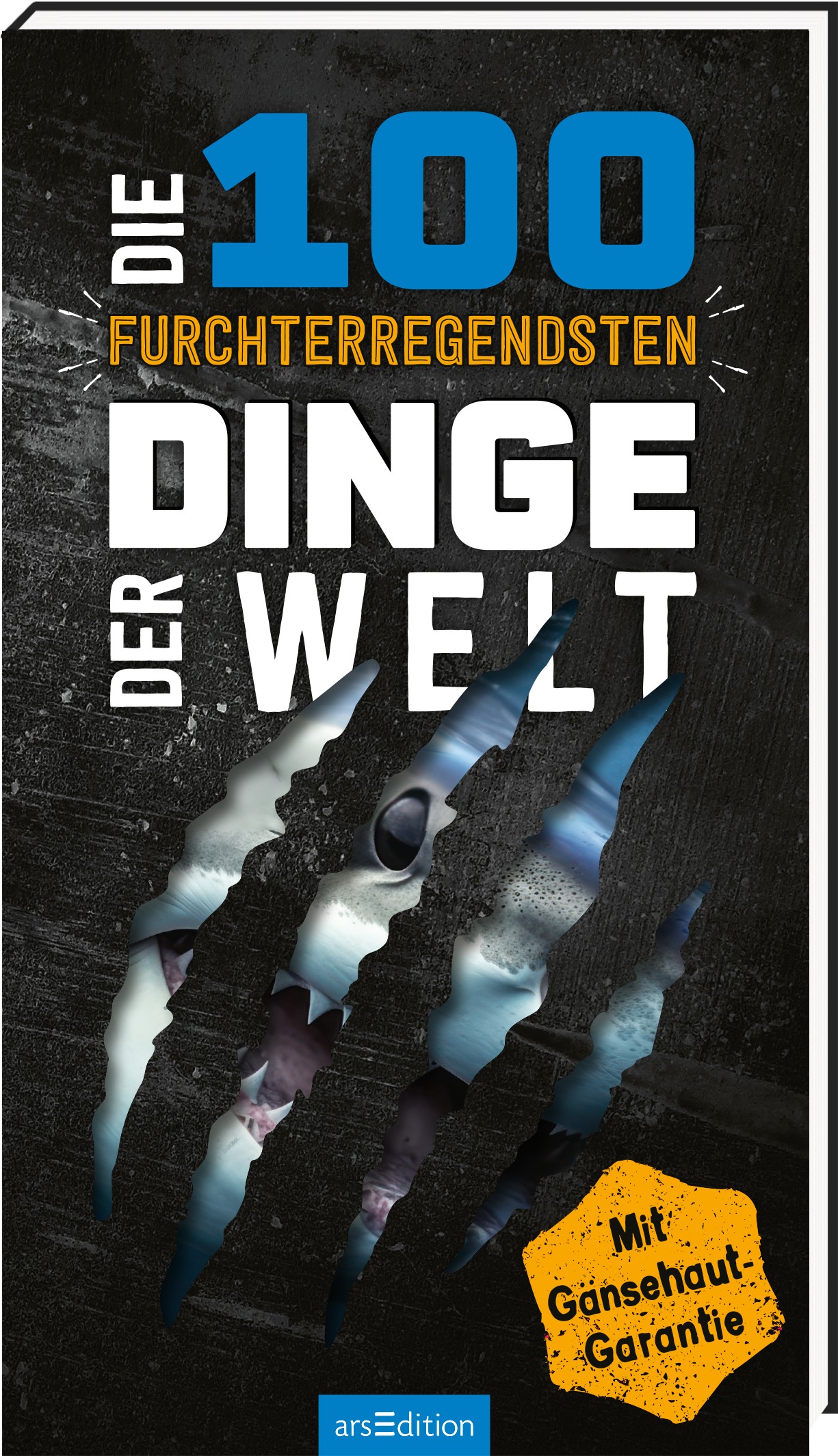 Das Buchcover zeigt auf schwarzem Hintergrund den Titel „DIE 100 FURCHTERREGENDSTEN DINGE DER WELT“ in großen weißen und blauen Buchstaben, die mit einer aggressiven Schriftart gestaltet sind. Blaues Licht reflektiert von der oberen Ecke. Kratzspuren in grauen und blauen Tönen verleihen dem Cover eine bedrohliche Atmosphäre. In der unteren rechten Ecke befindet sich ein gelber Button mit dem Text „Mit Gänsehaut-Garantie“. Ganz unten mittig steht der Logoschriftzug von arsEdition.