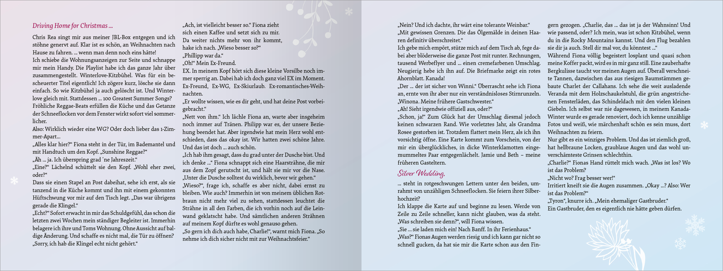 Gezeigt wird eine Innen- oder Zusatzansicht von „Winter Wonder Love“. Die Doppelseite präsentiert einen sanften Farbverlauf in blauen Tönen, der an winterliche Stimmungen erinnert. Die Texte sind in einer klaren, gut lesbaren Serifenschrift gesetzt und variieren in Größe und Gewicht, um verschiedene Abschnitte und Themen hervorzuheben. Schneeflocken und stilisierte Weihnachtsmotive zieren die Randbereiche, was die festliche Atmosphäre unterstreicht, während ausreichend Weißraum die...