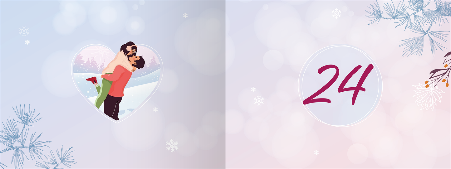 Gezeigt wird eine Innen- oder Zusatzansicht von „Winter Wonder Love“. Die Seite enthält eine winterliche Farbpalette mit sanften Blau- und Rosatönen. In der linken Hälfte ist ein herzförmiges Fenster, das ein Paar zeigt, das sich innig umarmt, umgeben von einer schneebedeckten Landschaft. Auf der rechten Seite prangt die Zahl „24“ in einer eleganten, burgunderroten Typografie, umrahmt von einem filigranen, weißen Kreis. Dekorative, stilisierte Tannenzweige ergänzen die Gestaltung.