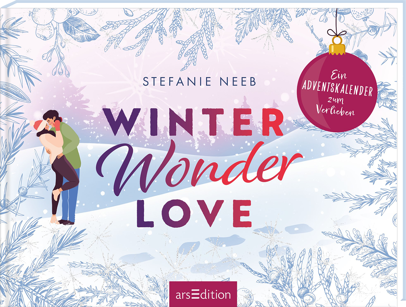 Das Buchcover zeigt eine verschneite Winterlandschaft mit zarten hellblauen und weißen Tönen. Im Vordergrund umarmen sich ein Mann und eine Frau, beide fröhlich gekleidet. Groß und in roten und lila Buchstaben steht der Titel „WINTER WONDER LOVE“. Oben rechts hängt ein roter Anhänger mit der Aufschrift „Ein Adventskalender zum Verlieben“. Der Name der Autorin, Stefanie Neeb, ist in schlichter Schrift platziert. Ganz unten mittig steht der Logoschriftzug von arsEdition.