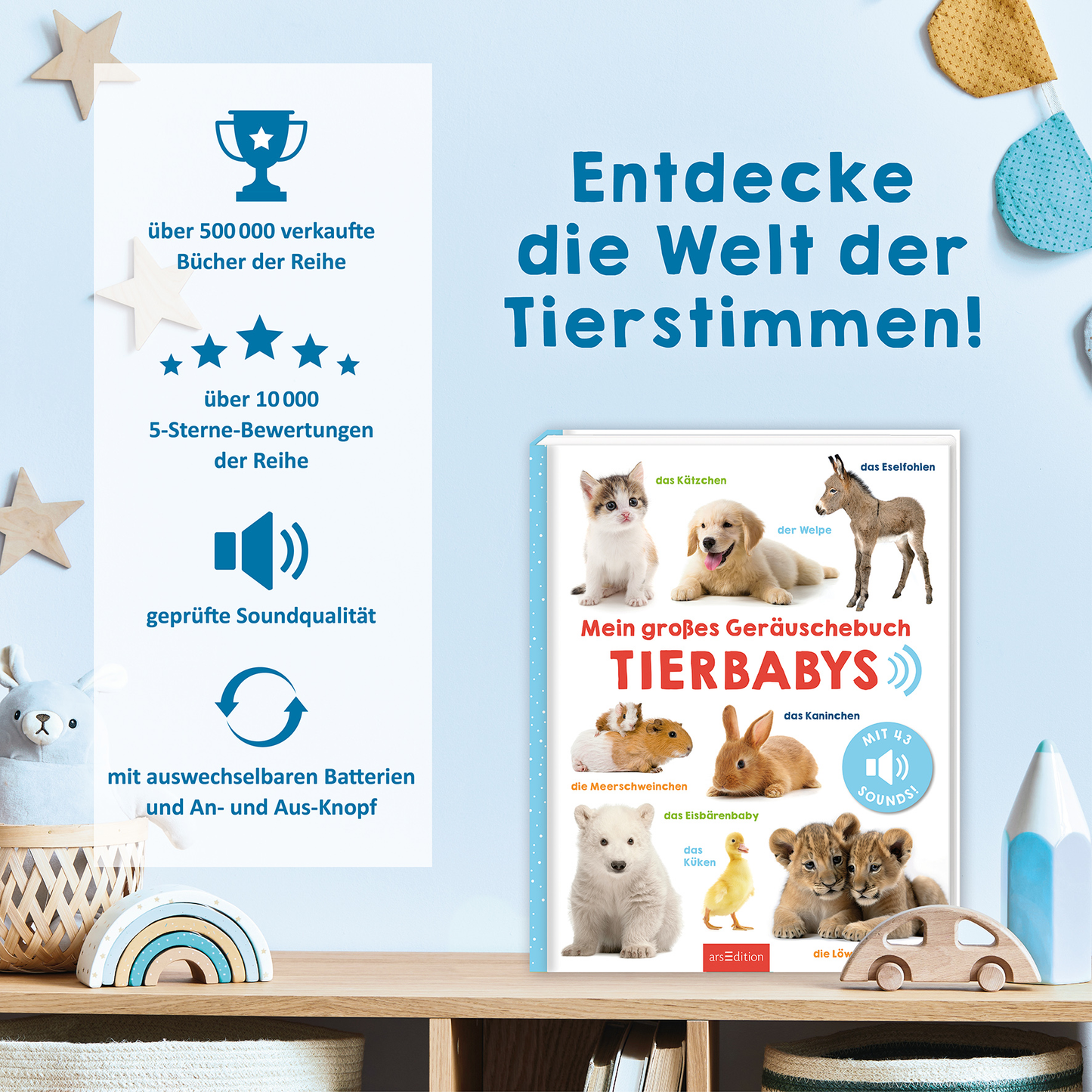 Gezeigt wird eine Innen- oder Zusatzansicht von „Mein großes Geräuschebuch – Tierbabys“. Auf einem hellen, freundlichen Hintergrund präsentiert sich das Buch mit einem bunten Cover. Darauf sind niedliche Tierbabys abgebildet, die in lebhaften Farben gestaltet sind. Der Titel ist groß und auffällig in Rot und Blau gehalten. Zusätzlich sind wichtige Informationen wie Verkaufszahlen und Bewertungen in verschiedenen Symbolen und Schriftarten dargestellt, die klarem, modernem Design...