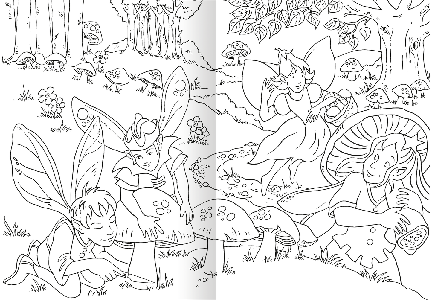Gezeigt wird eine Innen- oder Zusatzansicht von „Das superdicke Malbuch – Feen und Einhörner“. Die Illustration zeigt eine fantastischen Waldszene mit mehreren Feen, die um große, pilzartige Pflanzen spielen. Die Figuren sind in einem skizzierten Schwarz-Weiß-Stil gehalten. Eine Fee tanzt, während zwei andere neugierig um einen Pilz versammelt sind. Die Umgebung ist mit Bäumen und Blättern ergänzt, die eine verträumte, magische Atmosphäre schaffen.