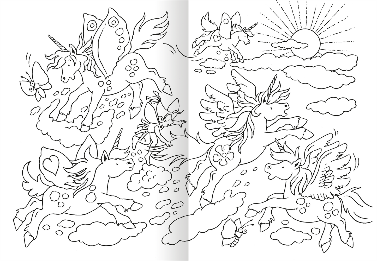 Gezeigt wird eine Innen- oder Zusatzansicht von „Das superdicke Malbuch – Feen und Einhörner“. Die Illustration zeigt mehrere Einhörner mit Flügeln, die durch Wolken fliegen. Im Hintergrund sind eine Sonne und strahlende Linien zu sehen. Die Szenen sind umgeben von zarten Details wie Schmetterlingen und Blumen. Die Zeichnungen sind in Schwarz-Weiß gehalten, was zu einer kreativen Farbgestaltung einlädt. Die Schrift ist kindgerecht und klar lesbar.