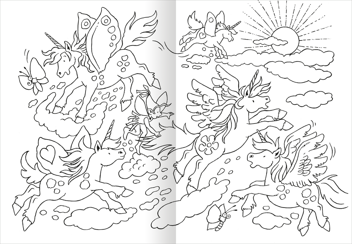 Gezeigt wird eine Innen- oder Zusatzansicht von „Das superdicke Malbuch – Feen und Einhörner“. Die Illustration zeigt mehrere Einhörner mit Flügeln, die durch Wolken fliegen. Im Hintergrund sind eine Sonne und strahlende Linien zu sehen. Die Szenen sind umgeben von zarten Details wie Schmetterlingen und Blumen. Die Zeichnungen sind in Schwarz-Weiß gehalten, was zu einer kreativen Farbgestaltung einlädt. Die Schrift ist kindgerecht und klar lesbar.