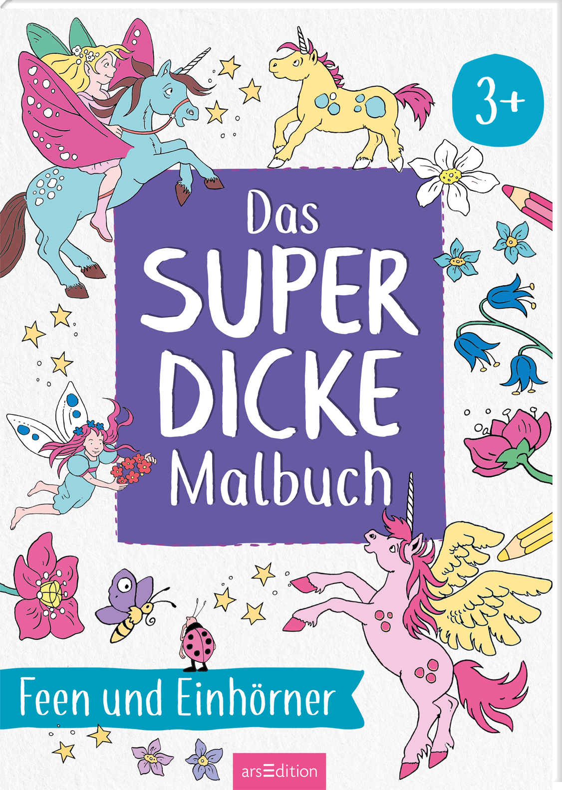 Auf dem Cover des Malbuchs „Das SUPER DICKE Malbuch“ sind bunte Einhörner und Feen abgebildet. Die Illustrationen in Pastellfarben zeigen fröhliche, fliegende Einhörner, Blumen und glitzernde Sterne. Der Titel in großer, weißer Schrift steht auf lila Hintergrund, umgeben von verspielten Motiven. In der oberen rechten Ecke ist ein Hinweis auf die Zielgruppe „3+“ abgebildet. Ganz oben befindet sich der Hinweis „SPIEGEL-Bestseller“. Ganz unten mittig steht der Logoschriftzug von...