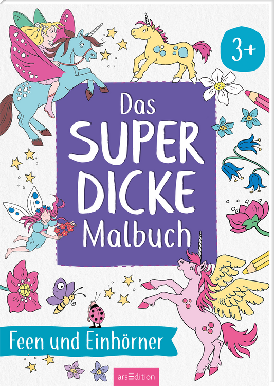 Auf dem Cover des Malbuchs „Das SUPER DICKE Malbuch“ sind bunte Einhörner und Feen abgebildet. Die Illustrationen in Pastellfarben zeigen fröhliche, fliegende Einhörner, Blumen und glitzernde Sterne. Der Titel in großer, weißer Schrift steht auf lila Hintergrund, umgeben von verspielten Motiven. In der oberen rechten Ecke ist ein Hinweis auf die Zielgruppe „3+“ abgebildet. Ganz oben befindet sich der Hinweis „SPIEGEL-Bestseller“. Ganz unten mittig steht der Logoschriftzug von...