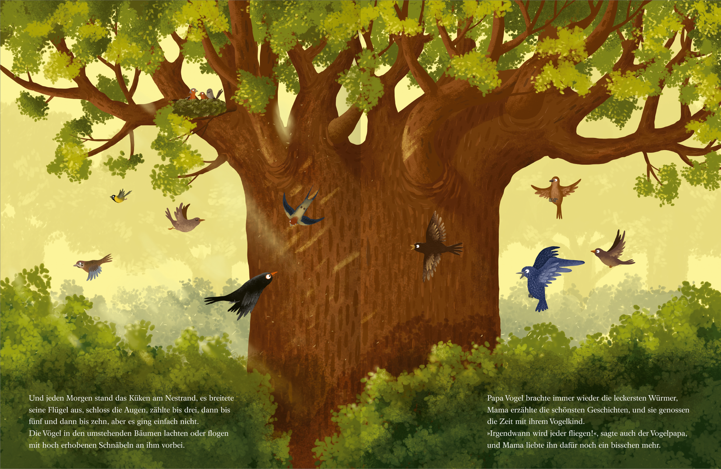 Gezeigt wird eine Innen- oder Zusatzansicht von „Morgen bin ich mutig“. Die Illustration zeigt einen majestätischen Baum mit üppigem grünem Laub und einem verwobenen Stamm. Rund um den Baum fliegen verschiedenste Vögel in lebhaften Farben wie Blau, Braun, Schwarz und Gelb. In einem Ast ist ein Vogelnest mit Vogeljungen und einem Elternteil. Der Hintergrund ist in sanften Grüntönen gehalten, die eine harmonische und einladende Atmosphäre schaffen. Links und rechts unten sind kurze...