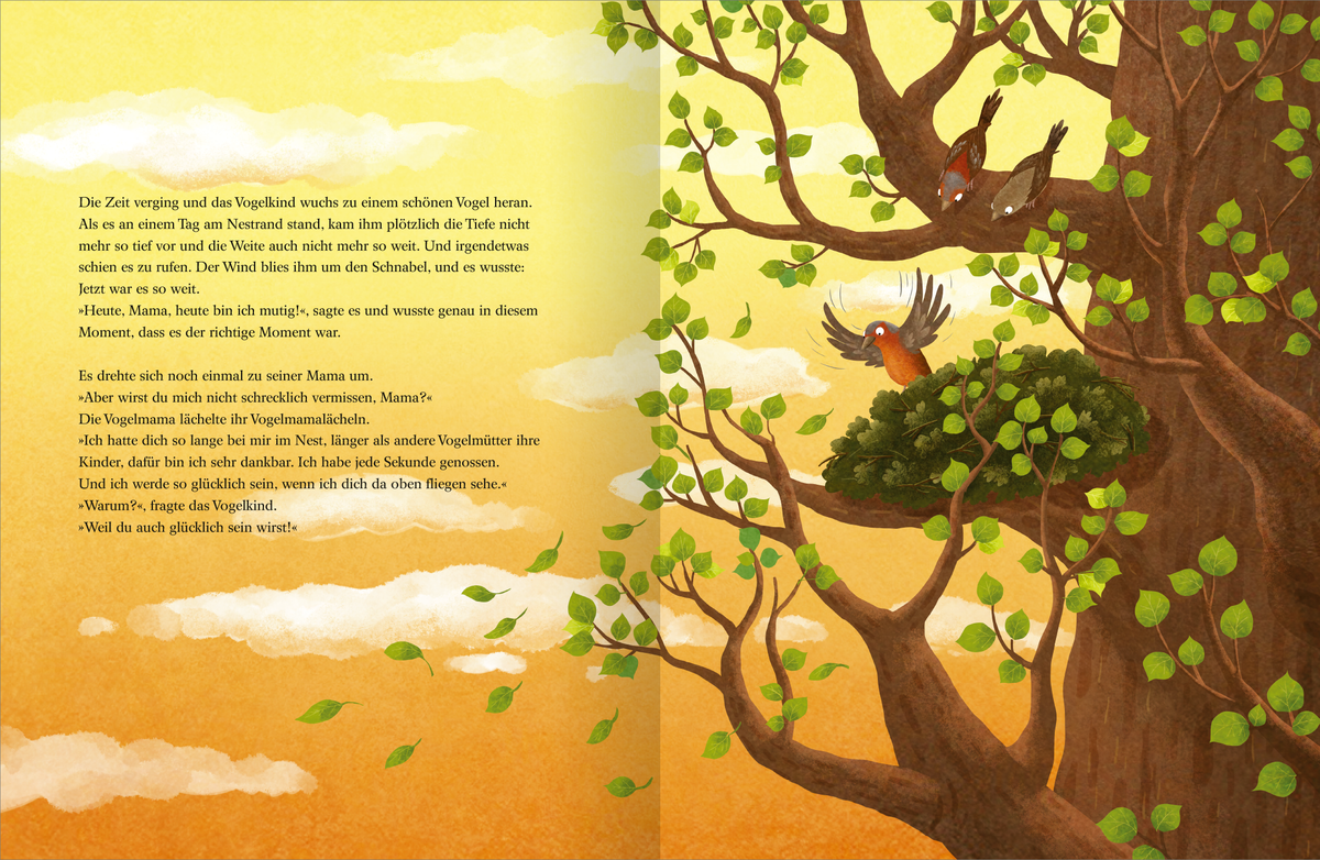 Gezeigt wird eine Innen- oder Zusatzansicht von „Morgen bin ich mutig“. Die Illustration zeigt einen großen Baum mit hellgrünen Blättern und einem warmen, gelben Hintergrund wie ein Sonnenuntergang. Zwei Vögel, die Vogeleltern, sitzen auf einem Ast. Sie beobachten ihr Vogeljunges, das seine Flügel ausbreitet und fliegen will. Die Schrift ist gut leserlich, in sanften, freundlichen Farben gehalten. Links sind Wolken angedeutet, die das Bild harmonisch abrunden. Die Gesamtkomposition...