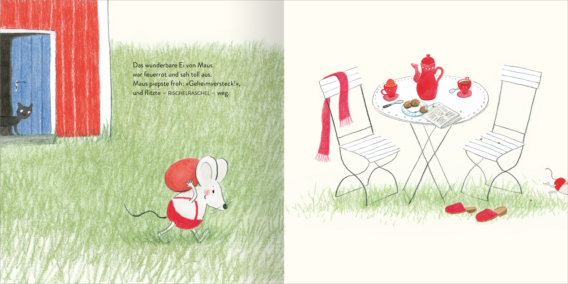 Gezeigt wird eine Innen- oder Zusatzansicht von „Osterhase Schlummernase“. Links ist eine weiße Maus mit rotem Rucksack zu sehen, die auf grünem Gras vor einer roten Scheune steht, während eine schwarze Katze im Hintergrund lauert. Auf der rechten Seite sieht man einen kleinen Tisch mit weißem Tischtuch, auf dem eine rote Teekanne, Cookies und eine Tageszeitung liegen. Rot-weiße Stühle umgeben den Tisch, und im Vordergrund liegt ein paar rote Hausschuhe. Die typografische Gestaltung...