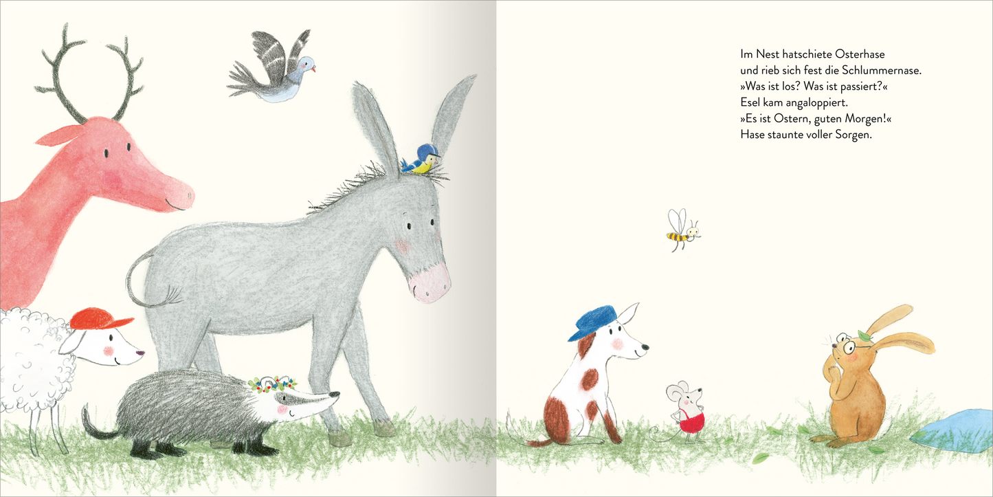 Gezeigt wird eine Innen- oder Zusatzansicht von „Osterhase Schlummernase“. Die Illustration zeigt eine freundliche Tiergruppe, bestehend aus einem grauen Esel, einem roten Rehkossa, einem gestreiften Igel, einem weißen Hund mit blauer Mütze und einem überraschten Hasen. Die Farben sind sanft und fröhlich, mit dominanten Pastelltönen. Die typografischen Elemente sind spielerisch und kinderfreundlich gestaltet, wobei der Text auf der rechten Seite in einer leicht lesbaren Schriftart...
