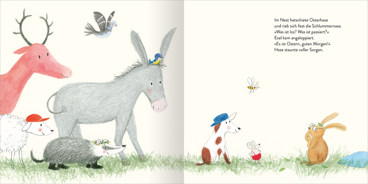 Gezeigt wird eine Innen- oder Zusatzansicht von „Osterhase Schlummernase“. Die Illustration zeigt eine freundliche Tiergruppe, bestehend aus einem grauen Esel, einem roten Rehkossa, einem gestreiften Igel, einem weißen Hund mit blauer Mütze und einem überraschten Hasen. Die Farben sind sanft und fröhlich, mit dominanten Pastelltönen. Die typografischen Elemente sind spielerisch und kinderfreundlich gestaltet, wobei der Text auf der rechten Seite in einer leicht lesbaren Schriftart...