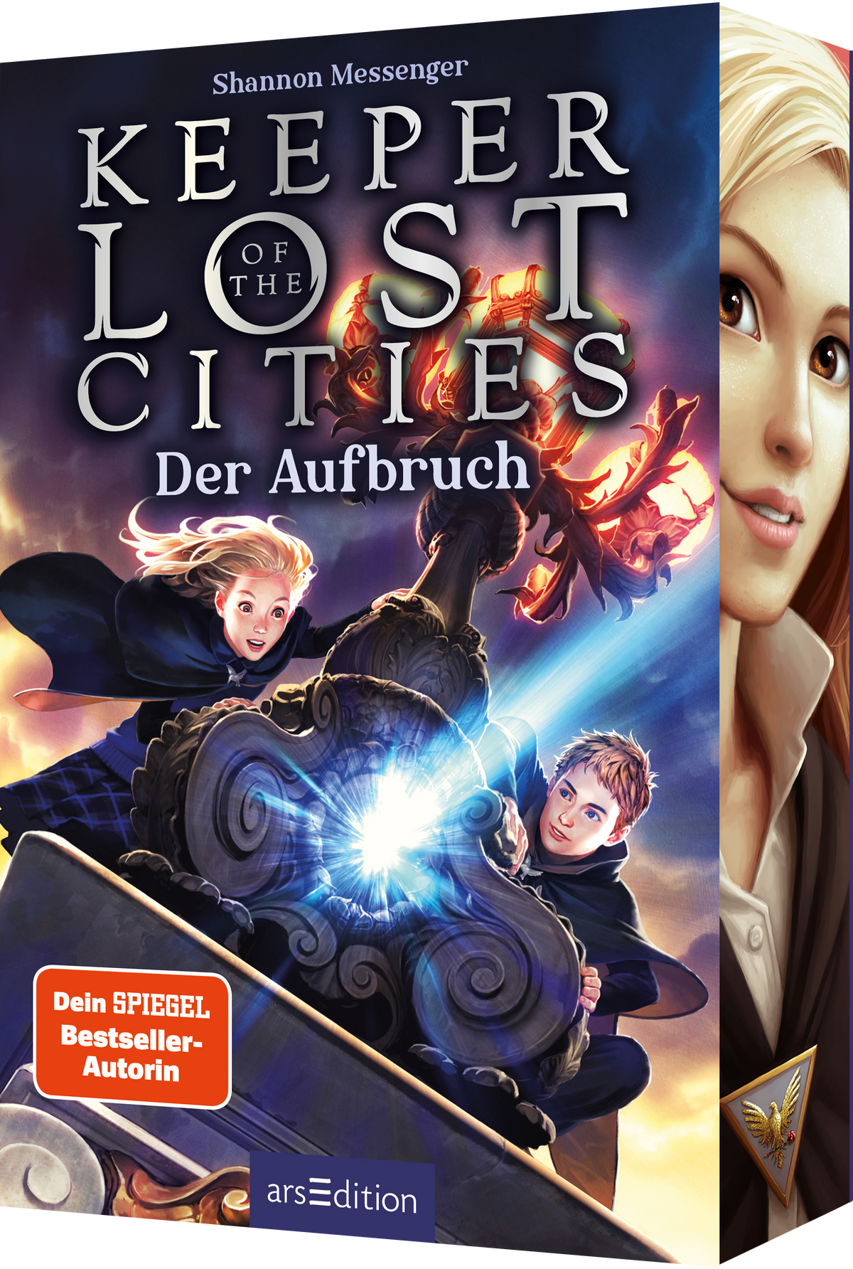 Das Buchcover zeigt eine dramatische Szene aus einer fantastischen Welt. Im Vordergrund sind zwei Jugendliche, ein Junge und ein Mädchen, dargestellt, die mutig in eine magische, leuchtende Quelle blicken. Der Hintergrund ist in kräftigen Blautönen gehalten, durchzogen von lila und roten Akzenten, die Spannung und Abenteuer suggerieren. Der Titel „KEEPER OF THE LOST CITIES“ ist in großen, weißen Buchstaben oben platziert, während „Der Aufbruch“ darunter in kleinerer Schrift...